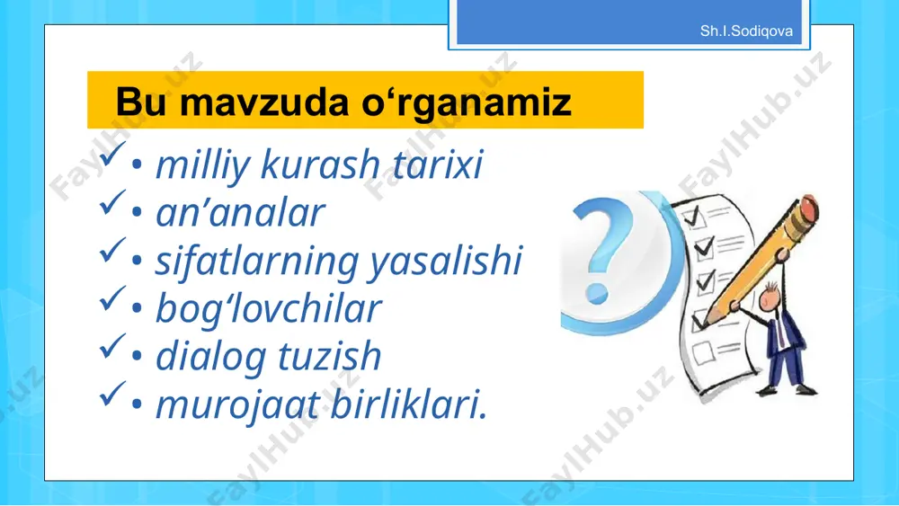 oki kam ekanini anglatadi: suvsiz hovuz – suvi yo‘q, suvsiz olma – suvi kam. bilib oling! uyga vazifa sh.i.sodiqova quyidagi jadvalga moslab so‘zlar yozib keling. bunda ‘‘+’’ belgisi o‘sha narsa bor ekanini, ‘‘–’’ esa yo‘q ekanini anglatadi. + - aqlli aqlsiz image2.png image3.png image4.png image5.png image6.png image7.png image8.jpeg image9.png image10.png image11.png image12.png image13.png image14.png image15.png image16.png image17.png image18.png image19.png image20.jpeg image21.png image22.png /docprops/thumbnail.jpeg