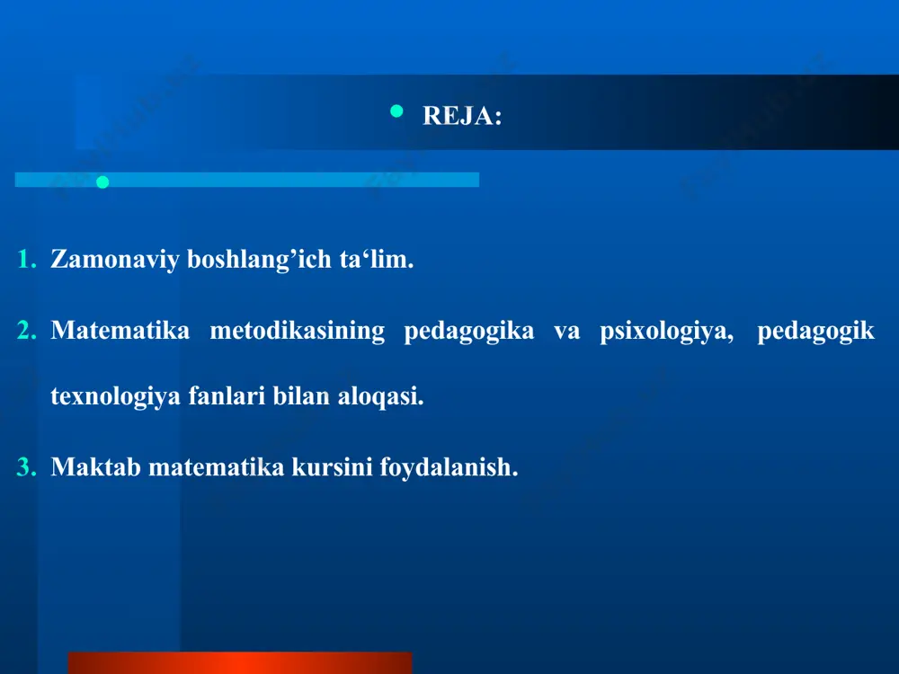 dek, dars alohida qismlarning o`zaro bog`liqligini qanday amalga oshirilishiga, o`quvchilarning nazariy va metodik tayyorgarligiga bog`liq. matematika darslari asosiy xillari: 1. murakkab dars. 2. yangi materialni o`rganish darsi. 3. bilim, malaka va ko`nikmalarni mustahkamlash darsi. 4. takrorlash – umumlashtirish darslari. 5. bilim, malaka va ko`nikmalarni nazorat qilish darsi. 6. muammoli dars. 7. andozasiz dars. hozirgi zamon o`qituvchisi o`zida yuqori professional pedagogik madaniyatni, demokratik kelajkni ko`ra bilish sifatlarini mujassamlashtirish; o`zi o`qitadigan fanning so`nggi yutuqlarini, pedagogik va metodik nazariyani yaxshi bilish; psixologiya ma'lumotlariga asoslanishi; o`quvchilarning aqliy va axloqiy rivojlanishi usullarini izlashi kerak. dars samaradorligi o`quv materialining mazmuni bilan uni o`qitish metodlari bilan o`quvchilarning faoliyatlari orasidagi bog`lanishlarning darajasiga bog`liq, shuningdek, dars alohida qismlarning o`zaro bog`liqligini qanday amalga oshirilishiga, o`quvchilarning nazariy va metodik tayyorgarligiga bog`liq. 1. murakkab darslar - boshlang`ich sinflarda eng ko`p o`tiladi. tuzilishi: 1. uy vazifasini tekshirish. 2. maxsus og`zaki mashqlar. 3. o`quvchilar oldiga dars maqsadini qo`yish. 4. yangi materialni idrok qilishga tayyorlash. …