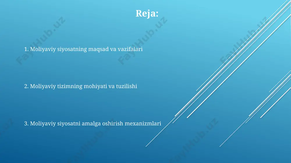 ichiga oladi. byudjet daromadlarini 20%ga oshirish, xarajatlarni esa 10%ga qisqartirish orqali fiskal barqarorlikni ta’minlash mumkin. moliya siyosatining vositalari moliya tizimining tuzilishi moliya tizimiga davlat moliya sektori kiradi, bu erda 5 ta asosiy fond mavjud: respublika byudjeti, pensiya fondi, sug'urta fondi, yo'l fondi va budjetdan tashqari fondlar. moliya tizimining tuzilishi moliya tizimi sub'ektlari banklar, sug'urta kompaniyalari, investitsiya fondlari va 20 dan ortiq boshqa moliyaviy vositachilar bo'lib, ular kapitalni jalb qiladi va 15% gacha foyda oladi. moliya tizimini tartibga solish moliya tizimini tartibga solishda milliy banklar muhim rol o'ynaydi, likvidlikni nazorat qilish va 12 oylik inflyatsiya targetiga erishish choralarini ko'radi. moliyaviy nazorat organlari banklarning aktivlari sifatini, kapital yetarliligini va 5 asosiy ko'rsatkichlari bo'yicha prudensial normalarga rioya qilishini tekshiradi. davlat moliyaviy siyosati byudjet qonunchiligi, soliq kodeksi va 3 yillik davrga mo'ljallangan davlat byudjeti to'g'risidagi qonun asosida amalga oshiriladi. moliya bozorlari moliyaviy bozorlar kapitalning samarali taqsimlanishiga yordam beradi. banklar kreditlar berib, investitsiyalarni qo'llab-quvvatlaydi, korporativ …