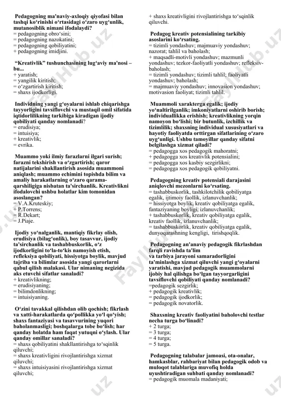 y kompetentlikni shakllantirish va rivojlantirish ehtiyojlari asosida ishlab chiqilgan shaxsiy xarakterdagi dastur qanday nomlanadi? + individual rivojlanish dasturi; = maqsadli rivojlanish dasturi; = istiqbolli rivojlanish dasturi; = majmuaviy rivojlanish dasturi. biror bir ish yoki faoliyatni yuksak darajada, hech bir qiyinchiliksiz, oʻta mohirlik bilan bajarish qanday nomlanadi? = bilim; + mahorat; = koʻnikma; = malaka. pedagogning pedagogik jarayonni tashkiliy, metodik, ruhiy va sub'ektiv jihatdan oʻta mohirlik, ustalik bilan tashkil etish va boshqarish qobiliyati, koʻnikma-malakasiga egaligi ... deb nomlanadi? = pedagogik tajriba; = pedagogik yondashuv; + pedagogik mahorat; = pedagogik bilimdonlik. pedagogik odob; pedagogik bilimdonlik; pedagogik qobiliyat; pedagogik muloqot madaniyati; pedagogik relaksasiya; kommunikativ ta'sir koʻrsatish qobiliyati; pedagogik takt (nazokat); pedagogik texnika; nutq texnikasi; pedagogik ijodkorlik; pedagogik tajriba; pedagogik madaniyat. ular nimaning tarkibiy qismlari? = pedagogik tajriba; = kasbiy kompetentlik; + pedagogik mahorat; = pedagogik malaka. pedagogning oʻz oldiga oʻziga, kasbiga, jamiyatga, talabalarga va ta'lim jarayonining boshqa ishtirokchilari bilan munosabatda boʻlishiga qoʻyadigan axloqiy …