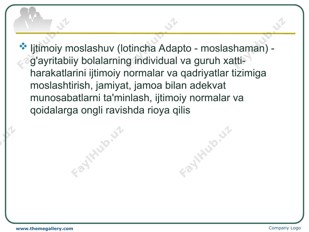 bo'lishi mumkin bo'lgan qisman, mahalliy bo'lib qolmaydi, balki markaziy asab tizimining butun etuklik jarayoniga salbiy ta'sir qiladi. нормадан оғиш нуқсон билан бир хил (лотин тилидан. дефектус) - бу боланинг normal ривожланишининг бузилишига олиб келадиган жисмоний ёки ақлий етишмовчилик. company logo www.themegallery.com company logo 3. категории и классификации нарушений, отклонений в развитии normadan chetga chiqish shartli ravishda to'rt guruhga bo'linadi: jismoniy, aqliy, pedagogik, ijtimoiy. company logo www.themegallery.com company logo
