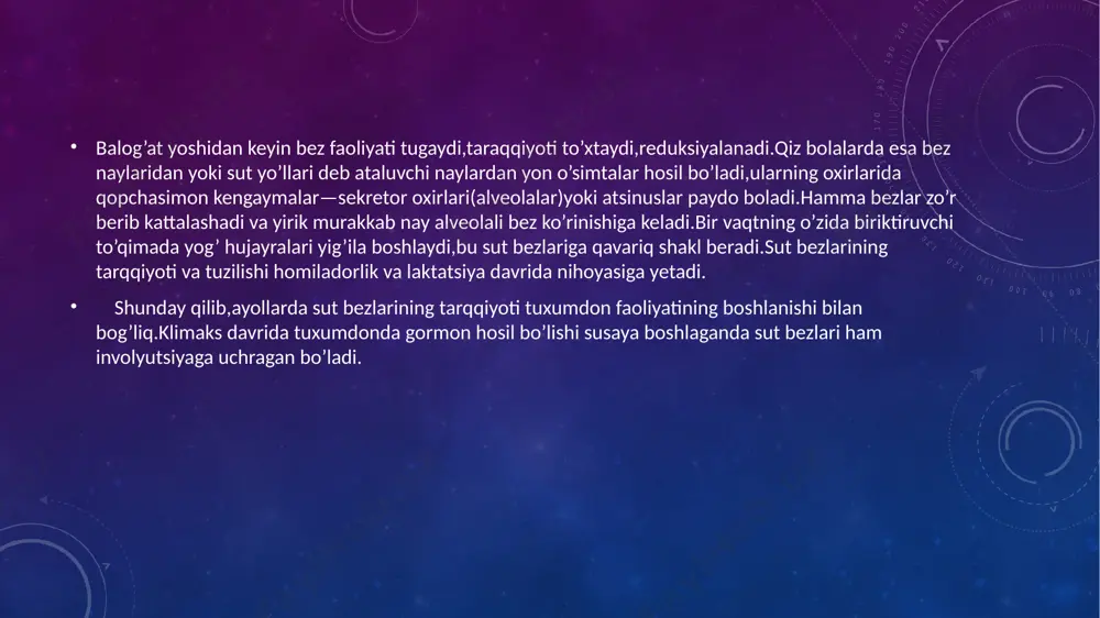 t bezi saratoni bilan bog’liq o’limga olib keladi. mastektomiyada qo’ltiq osti limfa tugunlari ham ,odatda, xirurgik yo’l bilan olib tashlanadi va olingan to’qima sut bezi karsinomasi metastaz hujayralarining mavjudligiga tekshiriladi.kasallikni erta aniqlash (ko’rikdan o’tish,mammografiya) o’lim darajasini pasaytirish imkonini beradi.sut bezining bakterial infeksiyasi yoki o’tkir mastit laktatsiya yoki involyutsiya davridagi sut bezida,odatda, naylarning sut bilan obstruksiyalanishi yuzaga kelishi mumkin. e’tiboringiz uchun rahmat!!! foydalanilgan adabiyotlar: gistologiya,sitologiya embriologiya q.r.to’xtayev, f.x.azizova , e.a.tursunov, m.a.abdurahmonov, q.i.rasulov,m.x.raxmatova google.com sayti https/sut bezlari tuzilishi/com. image2.png image3.png image4.jpeg image5.png image6.png image7.jpeg image8.jpeg image9.jpeg image10.jpeg image11.jpeg image12.jpeg image13.png woman touching stomach painful suffering from stomachache causes of menstruation period, gastric ulcer, appendicitis or gastrointestinal system desease. healthcare and health insurance concept /docprops/thumbnail.jpeg
