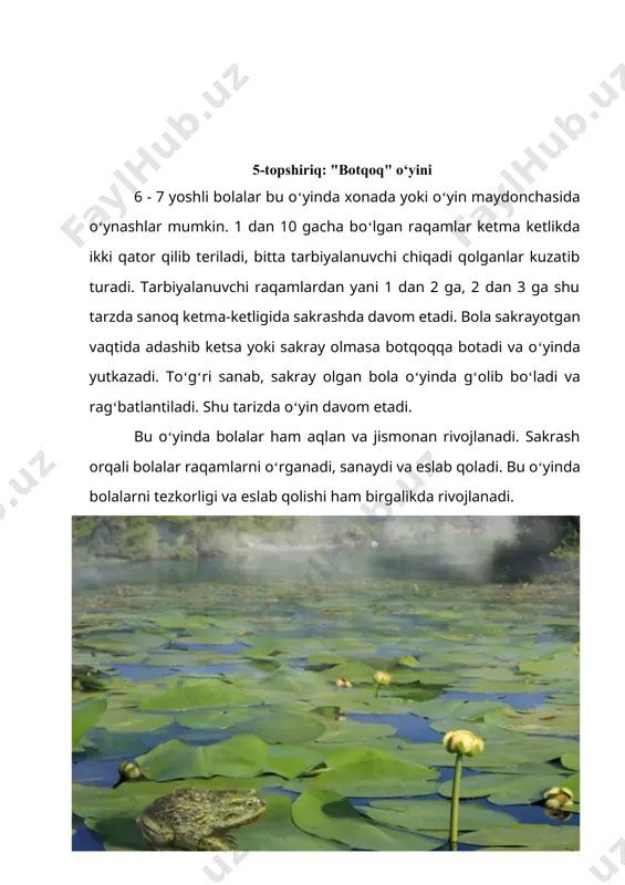 tarbiyachi: assalomu alaykum, bolajonlar! bugun biz tabiat haqidagi qiziqarli mashg‘ulotni boshlaymiz. tayyormi siz? tarbiyalanuvchilar: ha! tarbiyachi: kelinglar, mashg‘ulot oldidan ajoyib o‘yin o‘ynaymiz! "quyosh va yomg‘ir" o‘yini: · tarbiyachi "quyosh" deb aytsa, bolalar qo‘llarini yuqoriga ko‘tarib turadilar. · "yomg‘ir" deb aytsa, yerga cho‘kkalab, barmoqlari bila n yomg‘ir yog‘ayotganini tasvirlaydilar. /docprops/thumbnail.emf 1 mavzu: maktabgacha ta’limda tabiatni o‘rganish jarayonida modellashtirish usullarini qo‘llash faoliyat nomi: tabiatni o‘rganish va modellashtirish markazi ta'limiy maqsad: bolalarga tabiat hodisalarini modellashtirish orqali tushuntirish. modellashtirish orqali kuzatuvchanlik va tafakkurni rivojlantirish. tabiat hodisalari haqida boshlang‘ich tushunchalarni shakllantirish. tarbiyaviy maqsad: jamoaviy ishlash, atrof-muhitni sevish va uni asrash hissini shakllantirish. rivojlantiruvchi maqsad: modellashtirish orqali bolaning tafakkurini, ijodkorligini va nutqini rivojlantirish. kerakli jihozlar: plastilin, qog‘oz, bo‘yoqlar, suv, shaffof idishlar, qum, toshlar, o‘simliklar, karton, rangli kartochkalar. faoliyatni borishi: 1 kirish qismi tarbiyalanuvchilar: ha. tarbiyachi: unday bo?lsa qani hammamiz o?rnimizdan turib olamiz. kayfiyatimizni ko?tarib olishimiz uchun o?yin o?ynab olamiz. bolajonlar hamma menga qarab turib olamiz va …