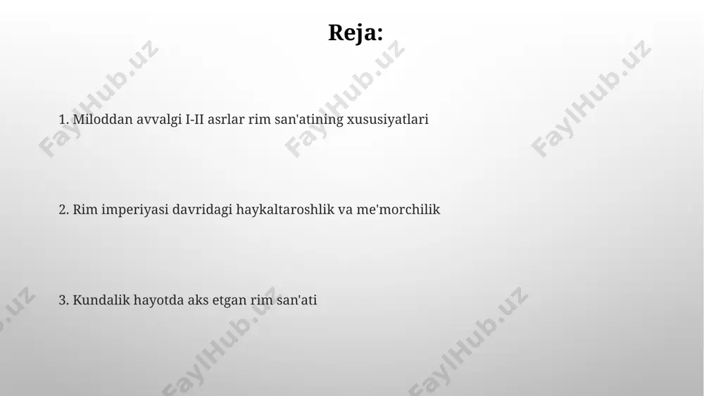 i va texnikasi freska texnikasi, nam gipsga bo'yoq surtish orqali amalga oshirilgan bo'lib, 1-2-asrlar davridagi rasmlarning 30% dan ortig'i shu usul bilan yaratilgan. mozaikalar, 1-2-asrlar davrida, millionlab mayda shisha va tosh parchalaridan (tesseralar) iborat bo'lib, yorug'lik o'yinini va ranglarning chuqurligini ta'minlagan. me'moriy yodgorliklar: amfiteatrlar va maqbaralar amfiteatrlar va maqbaralarning devorlarini bezashda, taxminan 10-15 turdagi tabiiy toshlar va rangli mozaikalardan foydalanilganligi ularning betakrorligini ko'rsatadi. maqbaralarning bezalishida, xususan, i-ii asrlarga mansub mavzulardagi releflar va haykallar uchraydi, ular marhumlarning ijtimoiy mavqeini va boyligini aks ettiradi. rim imperiyasi davridagi ijtimoiy-siyosiy vaziyat rim imperiyasi 1-2-asrlar davrida 200 dan ortiq legionerlarga ega bo'lib, harbiy kuchini saqlab qolish uchun katta byudjet ajratardi, bu esa ijtimoiy tengsizlikni kuchaytirdi. imperator hokimiyati mutlaq bo'lib, senatning roli sezilarli darajada kamaydi, bu esa siyosiy inqirozlar va fitnalarning ko'payishiga olib keldi. rim san'atining keyingi davrlarga ta'siri rim imperiyasining qulashiga qaramay, uning mozaika san'ati, 2000 yildan ortiq vaqt davomida dunyo bo'ylab keng tarqalib, zamonaviy …