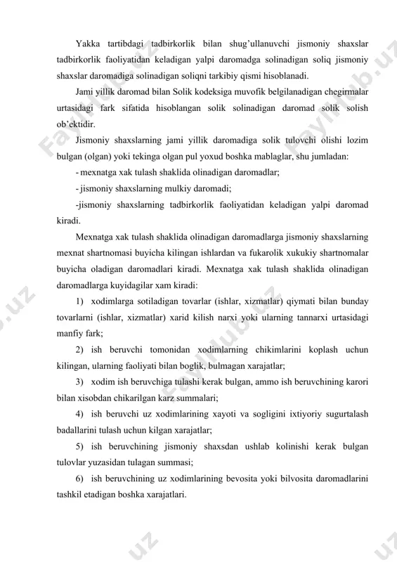 i belgilagan me’yorlar doirasida beriladigan xizmat safari tulovlarining summalari jami yillik daromadga kiritilmaydi. jismoniy shaxslarning mulkiy daromadiga foizlar, dividendlar buyicha olingan daromad, mol-mulkni ijaraga berishdan keladigan daromad kiradi. jismoniy shaxslarning tadbirkorlik faoliyatidan keladigan yalpi daromadga tovarlar (ishlar, xizmatlar) realizatsiyasidan, daromad olish maksadida tavakkal kilib, uz mulkiy javobgarligi ostida yakka tartibda amalga oshiradigan, konun xujjatlarida takiklanmagan boshka faoliyatdan keladigan barcha tushumlar kiradi. prognozga soliq qonunchiligidagi o’zgarishlarning ta’siri. jismoniy shaxslarning tadbirkorlik faoliyatidan keladigan yalpi daromaddan solik solinadigan daromadlarni aniklash vaktida mazkur yalpi daromadni olish (topish) uchuch kilingan xarajatlar, majburiy tulovlar, chikimlar va ajratmalar chegi-rib tashlanadi. jismoniy shaxslarning tadbirkorlik faoliyatidan keladigan yalpi daromaddan chegirib tashlanishi lozim bulgan xarajatlar, majburiy tulovlar, chikimlar va ajratmalarni aniklash tartibi uzbekiston respublikasi vazirlar maxkamasi tomonidan belgilanadi. jismoniy shaxslarning shaxsiy iste’mol bilan boglik bulgan xarajatlari tadbirkorlik faoliyatidan keladigan yalpi daromaddan chegirib tashlanmaydi. solik, kodeksiga muvofik, moliyaviy jazo choralari va xisoblangai penyalar summalari jami daromaddan chegirib tashlanmaydi. o’zbekiston respublikasi vazirlar …