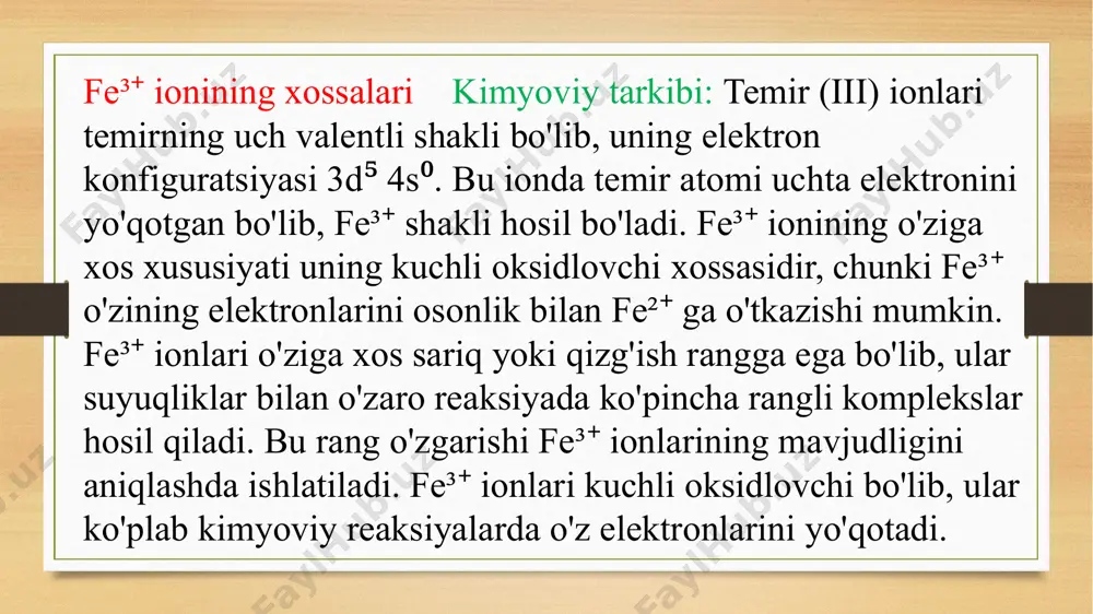 ining yirik bo'yoq xususiyatlari bilan ranglarni yaratishda qo'llaniladi. fe³⁺ ionlarining mavjudligini aniqlash va miqdorini o'lchash uchun bir qator analitik metodlar qo'llaniladi. quyidagi metodlar eng ko'p ishlatiladiganlardir: spektrofotometrik tahlil: fe³⁺ ionlarining mavjudligini rangli komplekslar hosil qilish orqali aniqlash mumkin. masalan, fe³⁺ ni thiocyanate (scn⁻) bilan reaktsiyaga kiritish natijasida qizil rang hosil bo'ladi, bu esa spektrofotometr yordamida o'lchanishi mumkin. titrimetrik tahlil: fe³⁺ ionlari ko'plab reaktivlar bilan titrish orqali aniqlanishi mumkin. misol uchun, fe³⁺ ning na₂s₂o₃ (natriy tiosulfat) bilan titrlanishi orqali ularning miqdorini aniqlash mumkin. gravimetrik tahlil: fe³⁺ ionlarini gravimetrik usul yordamida o'lchash mumkin. bu usulda fe³⁺ ionlari o'zining xossalariga mos ravishda boshqa moddalarga aylanib, cho'kadi va ularning massasidan foydalangan holda fe³⁺ ionining miqdori aniqlanadi. xromatografiya: xromatografik usullar yordamida fe³⁺ ionlarini komplekslardan ajratish va ularning tarkibini tahlil qilish mumkin. bu usulda moddaning fazoviy ajratilishi va miqdoriy o'lchovi amalga oshiriladi. tabiiy va oqova suvlarning tarkibidagi fe(ii) ionini fotometrik usulda aniqlash tabiiy va oqova suvlarning …