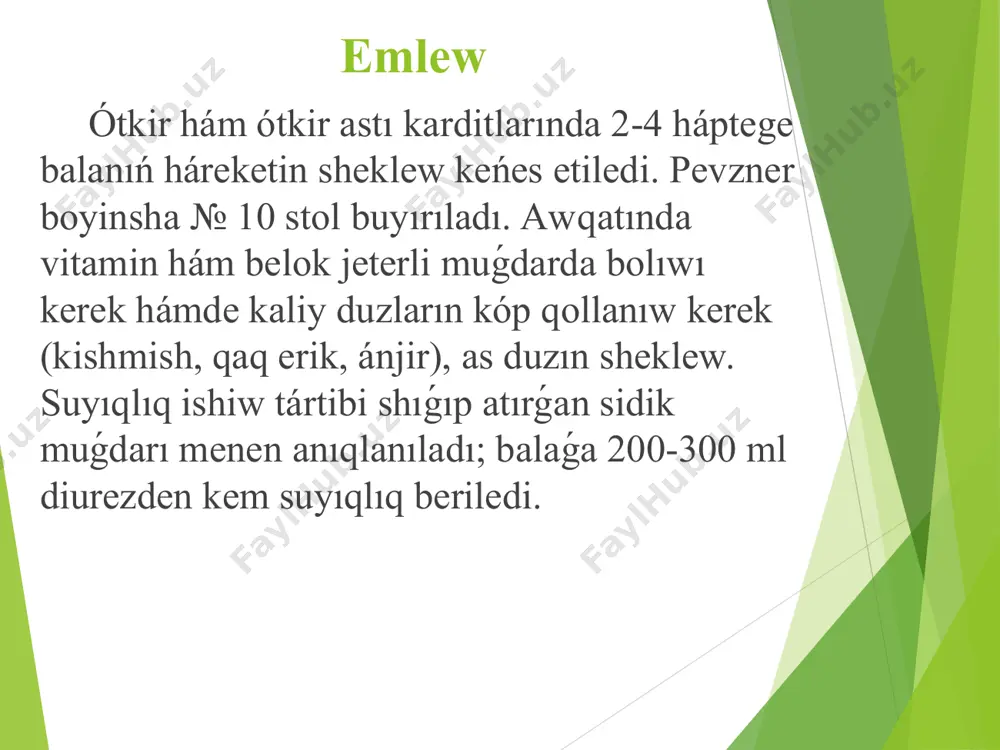 e muwapıq: veroshpiron(2-4 mg/kg kúnine 4 mártebe) brinaldiks(1 mg/kg azanda 1 márte). emlew uslap turıwshı dozanı saylaw - karditlarda ózine tán ózgerislerge iye. eger nawqas digoksin menen toyınıwdı qanatlanarlı ózlestirse anıq effekti menen, onda uslap turıwshı doza toyınǵan dozanıń 1/5-1/6 bólimin quraydı. bradikardiyaǵa beyimlilik bolsa dozanıń 1/7-1/8 bólimine azaytıw kerek boladı, al turaqlı taxikardiyada ¼ bólimine shekem kóbeytiw kerek. glikozidlardı qollanıwǵa tikkeley(absolyut) qarama qarsılıqlar: bradikardiya, atrioventrikulyar blokada, qarınsha taxikardiyaları bolıp esaplanadı. emlew anuriya. oliguriyada bul preparatlar ıqtıyatlılıq penen beriledi, bunday jaǵdaylarda emlewdi sidik aydawshı dárilerdi venaga jiberiw menen baslap hám onnan keyin diurez qálpine kelgennen keyin júrek glikozidleri qosıladı. preparatlardı alıp taslaw kriteriyalarına klinikalıq asbaplı tekseriw kórsetkishleriniń normallasıwı xızmet etedi, preparatlardı erteden alıp taslaw júrek jetispewshiliginiń qaytalanıwına alıp keliwi múmkin, klinikalıq jaqsılanıwǵa karamastan. emlew júrek glikozidlerin esaplaw mısalın keltiremiz: bir jasar bala dene salmaǵı 10 kg. digoksinniń toyınǵan dozası 0.06 x 10=0,6 mg, 0,6 mg/3=0,2mg 0,2 mg dı bala 3 …