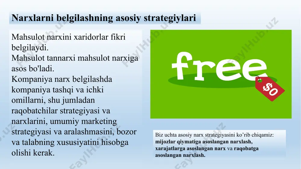 lchilar fikrining narxi narx $ $$ narx darajasi bu narxdan pastda foyda yo`q narx chegarasi bu narxdan tepasiga talab yo`q narx belgilashda e`tiborga olish kerak mahsulotni narxlashning yangi strategiyasi bozor narxining pasayishi bozorga kirish narxlari bozor narxining pasayishi bozor narxining pasayishi - bu mahsulotni narxlash strategiyasi bo'lib, u orqali firma xaridor to'laydigan eng yuqori boshlang'ich narxni oladi. u odatda ba’zi texnologik xususiyatlar tufayli tez -tez raqobatga duch keladigan yangi mahsulotni chiqarish uchun ishlatiladi . narxlarni pasaytirish strategiyasi - bu monopolistik mavqeidan yoki innovatorlarning past narx sezuvchanligidan foydalanish uchun mahsulotning hayotiy davrining boshida iste'molchining ortiqcha miqdorini egallash. strategiya sifatida narxni pasaytirish uzoq davom etmaydi, chunki raqobatchilar tez orada narxga bosim o'tkazadigan raqobatbardosh mahsulotlarni ishlab chiqaradilar. kichik, lekin daromadli bozor segmentlarini tushirish uchun yuqori narxni belgilash o'rniga, ba'zi kompaniyalar bozorga kirish narxini qo'llaydilar. kompaniyalar bozorga tez va chuqur kirib kelish uchun past narxni belgilashadi - xaridorlarni tez jalb qilish va bozorning katta …