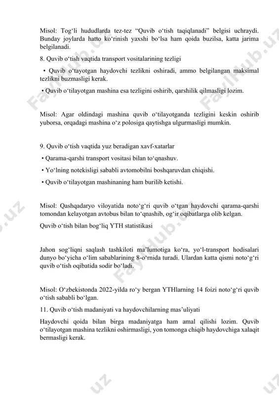 chi signal yoqsa, avtomobil xavfsiz joyni aniqlab, mustaqil ravishda polosa o‘zgartiradi. 15.2. kelajakdagi yechimlar avtomatlashtirilgan yo‘l tizimlari yordamida kelajakda quvib o‘tish xavflari kamayadi. avtomobillar bir-biri bilan signal almashib, xavfsiz masofa va tezlikni avtomatik tartibga soladi. misol: yaponiya va janubiy koreyada sinovdan o‘tkazilayotgan “aqlli yo‘l” tizimlarida mashinalar orasida quvib o‘tish jarayoni sun’iy intellekt tomonidan boshqariladi. 16. quvib o‘tishning ijtimoiy va madaniy jihatlari • ba’zi haydovchilar quvib o‘tishni “ustunlik” sifatida ko‘radi va tajovuzkor tarzda amalga oshiradi. • madaniyatli haydovchi esa yo‘l berib, xavfsizlikni birinchi o‘ringa qo‘yadi. • jamiyatda haydovchilik odobi qancha yuqori bo‘lsa, yo‘llardagi xavfsizlik ham shuncha yuqori bo‘ladi. misol: germaniya avtobanlarida haydovchilar o‘ng polosada yurishadi, chap polosa esa faqat quvib o‘tish uchun ishlatiladi. bu madaniyat tufayli tezlik yuqori bo‘lsa ham ythlar kamroq bo‘ladi. 17. xalqaro tajriba • aqsh: quvib o‘tish qoidalari shtatlar bo‘yicha farqlanadi, ammo xavfsizlik choralariga juda qattiq qaraladi. • yevropa: ayrim davlatlarda haydovchi noto‘g‘ri quvib o‘tib, ythga sababchi bo‘lsa, …