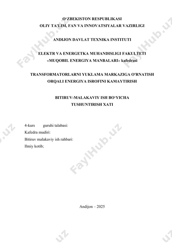 lama tp-403 dagi isroflarni hisoblash....……………………………………………..…....................................25 2.2-§andijon shet bobur bo’limi ps yallama tp-403 ni sutkali yuklamalar grafigini o‘rganish………………………………………….…..….......................39 iii bob. texnik hisoblar va ekologik talablar asosida loyihalash……………………………………………..…..............................45 3.1-§ liniyadagi qisqa tutashuv toklarini hisoblash va kommutatsion apparatlarni tanlash va tekshirish………………………………………………………..….......45 3.2-§transformatorlarga qo’yilgan ekalogik talablar……………………..…........51 3.3-§ andijon shet bobur bo’limi ps yallama tp-403 ni yuklama markaziga o‘rnatish orqali loyihalanayotgan sxemasi….…...……………………..…………59 umumiy xulosa va takliflar……………….………….…..………….75 foydalanilgan adabiyotlar ro'yxati…….………………………77 ilovalar………………………………………………………………………81 kirish bitiruv malakaviy ishining dolzarbligi. “yo‘qotishlarni kamaytirish, energiya samaradorligini oshirish va energiya resurslaridan oqilona foydalanish bugungi kunda dunyo oldida turgan eng dolzarb muammolardan biridir. aholining o‘sishi, sanoat tarmoqlarining rivojlanishi va urbanizatsiyaning kuchayishi natijasida energiyaga bo‘lgan talab muttasil oshib bormoqda. bu hozirgi energiya tizimlarini baholash, ularni yangilash va, birinchi navbatda, energiya tizimidagi yo'qotishlarni kamaytirish zaruratini keltirib chiqaradi. energiya tizimida chiqindilar asosan elektr uzatish va tarqatish bosqichlarida sodir bo'ladi. energiya chiqindilari, ayniqsa, to'g'ri joylashtirilmagan yoki yukga mos kelmaydigan transformatorlar tufayli yuzaga keladi. shuning uchun transformatorlarni yuk markazlariga …