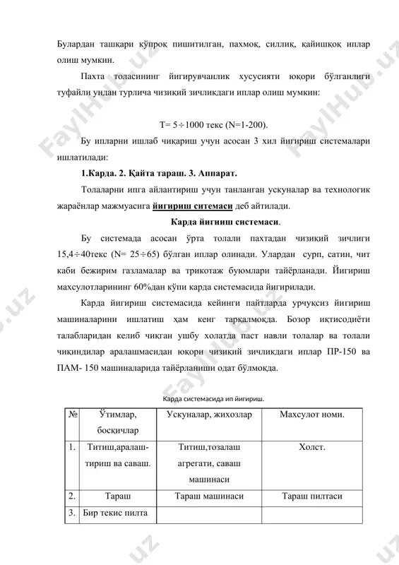 тўқишда ишлатилади. аппарат системасида ип йигириш. № ўтимлар, босқичлар ускуналар, жиҳозлар. махсулот номи. 1. алоҳида турдаги хом ашёни титиш ва саваш. титиш ва саваш машиналари. титилган масса. 2. аралаштириш. механизациялаштирилган лабазлар. аралашма. 3. тараш ва пилик тайёрлаш. тараш аппартлари, пилик кореткалари. пилик. 4. ип йигириш. йигириш машиналари. хом ип. юқоридаги системалардан ташқари ип йигиришнинг меланж усули ҳам мавжуд бўлиб,унда бўялган ва бўялмаган толалар аралашмасидан ўртача чизиқий зичликдаги иплар тайёрланади. улар пишиқ, бир текис, тукли, ва тоза бўлиб, хар хил ранг баранг ип жун, ип духоба каби газламалар тўқишда ишлатилади. бу усулда ип йигиришда технологик жараёнлар ва ўтимлар деярли карда системаси билан бир хил бўлади. адабиётлар: 1. ш.р. марасулов « пахта ва кимёвий толаларни йигириш» i - ³исм. тошкент 1979 йил. 2. ш.р. марасулов « пахта ва кимёвий толаларни йигириш» i - ³исм. тошкент 1979 йил. 3. азимов б.а. «пахта йигириш фабрикаларини лойихалаш» тошкент 1995 йил. 4. бадалов к.и. и др. …