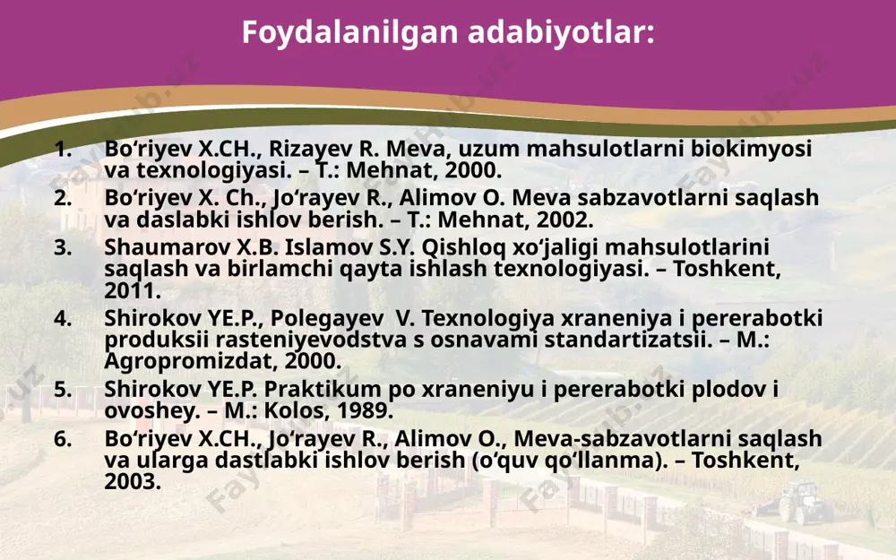 muddati mahsulot turi va quritish usuliga qarab ham birmuncha farq qiladi. masalan, ikkiga ajratilgan o‘rik 5(10 kunda, butunligicha qo‘yilgan o‘rik 10(15 kunda, ikkiga ajratilgan shaftoli 8(12, uzum 20(25dorilanmagani), ishqor bilan ishlov berilgani esa 6(10 kunda qurib tayyor bo‘ladi. quritish maydonlarida mahsulotni qabul qilish, vaqtincha saqlash, patnislarga joylash qismlari aniq belgilangan bo‘lishi lozim. bulardan tashqari quritish punktida mevalarni to‘g‘rash uchun stollar, mevalarni yuvish uchun idishlar, ishqor yordamida quritiladigan bo‘lsa qaynoq suvga botirib olish uchun qazonlar o‘rnatilishi lozim. quritish maydonlarini tanlash quritish maydonchasida meva va uzumni dudlash bo‘lmalari va tayyor mahsulotni vaqtincha saqlash uchun omborlar tayyorlanishi kerak. masalan, 100 tonna meva va uzumni quritish uchun quritish punktida o‘rtacha quyidagilar bo‘lishi lozim: 0,6 gektar quritish maydonchasi, 5(6 ming dona sathi 60(90 santimetrli taxta patnislar, hajmi 100(100(110 santimetrli 10(12 ta dudlash yashigi, ishqor eritmasiga botirib olish uchun 300(400 litr suv sig‘adigan 2 ta qozon va boshqa anjomlar (5(6 ta stol, 2(3 ta lentali transportyor …