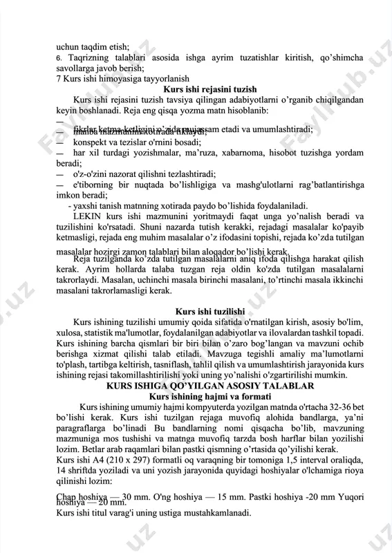 lozim.o'rganishga yaqindan yordam berishi lozim. talabalar uchta yoki to'rtta fandan yozadigan kurs ishining bir-biri bilantalabalar uchta yoki to'rtta fandan yozadigan kurs ishining bir-biri bilan bog'langan bog'langan bo'lishi bo'lishi talabaning talabaning o'zaro o'zaro bog'langan bog'langan masalalarini masalalarini izchil izchil o’rganishgao’rganishga yordam beradi.yordam beradi. kurs ishi mavzusini tanlaganingizdan so’ng tanlangan mavzuga oidkurs ishi mavzusini tanlaganingizdan so’ng tanlangan mavzuga oid savollar dsavollar doirasi bilan tanishib, ma’ruza materiallarini jamlab chiqing. fan bo’yichaoirasi bilan tanishib, ma’ruza materiallarini jamlab chiqing. fan bo’yicha o’quv dasturida ushbu mavzuni o’rganish uchun tavsiya etilgan adabiyotlar bilano’quv dasturida ushbu mavzuni o’rganish uchun tavsiya etilgan adabiyotlar bilan qaytadan tanishibqaytadan tanishib;; ularni tahlil qiling. ularni tahlil qiling. kurs ishini bajarish jarayonikurs ishini bajarish jarayoni kurs ishini bajarish jarayonida ilmiy va tarbiyaviy ishlar kompleks asosdakurs ishini bajarish jarayonida ilmiy va tarbiyaviy ishlar kompleks asosda amalga oshirilib, ular orasida quyidagilar birinchi darajali ahamiyatga ega:amalga oshirilib, ular orasida quyidagilar birinchi darajali ahamiyatga ega: 1.1. fanning dolzarb …