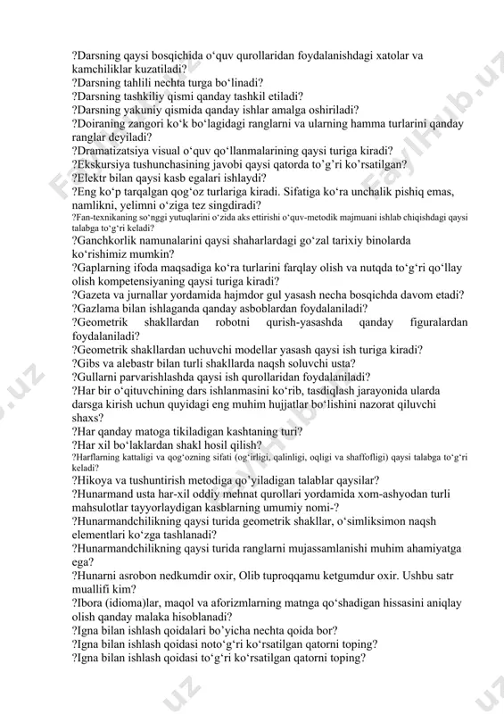 nday shaklda olib boriladi? ?boshlang’ich sinflarda texnologiya fanidan qanday to’garaklar mavjud? ?bu applikatsiya turi noyob o‘yinni taqdim etadi: u oltin kabi porlaydi. bu rasmlar, bezakli chiziqlar, kitoblar uchun xatcho‘plar, qutilar, ramkalar bo‘lishi mumkin. ?bu- faoliyatning mashq qilishlar jarayonida yetilgan, mujassamlashgan tajribasiga nima deyiladi? ?bu shakllar va ranglarning ko'rib chiqilgan joylashuvi bo'lib, bir tomoni ikkinchisining oyna tasviri? ?bu usulda materialni jonli va obrazli bayon qilinadi va yangi bilimni o‘qituvchining o‘zi beradi? ?bu yupqa, egiluvchan, sathiga turli rangda jilo berilgan, ishlov berish oson va ko‘rinishi chiroyli. hajmi kichik narsalar, papkalar, muqovalar tayyorlash uchun qulay bo‘lgan karton turidir? ?buklash usulida oqqush maketini yasash necha bosqichdan iborat? ?bunda faqat o‘qituvchi gapiradi, o‘quvchilar esa uning nutqini idrok etib, anglab oladilar. og‘zaki bayon qilish usulining qaysi ko‘rinishiga kiradi? ?buyum, narsa, namunalar asosida zaruriy vazifalarni amalda bajara olish bu? ?buzoqcha maketini yasashda nimalardan foydalaniladi? ?chiqindi materiallari bilan ishlash nimaga o’rgatadi? ?chok turlari, yumshoq o‘yinchoqlar tikish,to‘qish haqida umumiy …