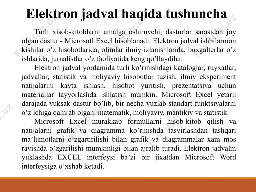 qilamiz. shu tarzda, navbatdagi yacheykalarga nusxa olinganda: d4= b4*c4, va d5=b5*c5 hosil qilamiz. shunday qilib, nusxa olish jarayonida formuladagi ishlatilgan nisbiy adreslar satr nomeriga nisbatan mos ravishda o‘zgaradi. а в с d 1 rulon yuzasi rulon soni rulon narxi umumiy qiymati 2 5.5 24 78 1872  = b2*c2 3 6 24 125 3000  = b3*c3 4 7 24 150 3600  = b4*c4 5 8 24 180 4320  = b5*c5 yuqoridagi jadvalning b nomerlik ustunidagi takrorlanuvchi qiymatlarga e’tibor qilaylik. takrorlanuvchi qiymatni bir marta yacheykaga yozib, barcha formulalarda shu yagona ko‘rsatilgan songa murojaat qilish maqsadga muvofiq bo‘lar edi. u xolda bizning jadvalimiz quyidagicha ko‘rinishga ega bo‘ladi: а в с d 1 rulon yuzasi rulon soni rulon narxi umumiy qiymati 2 5.5 24 78 1872= b2*c2 3 6 125 = b3*c3 4 7 150 = b4*c4 5 8 180 = b5*c5 agar nusxa olish jarayonida biz nisbiy adreslardan foydalansak, …