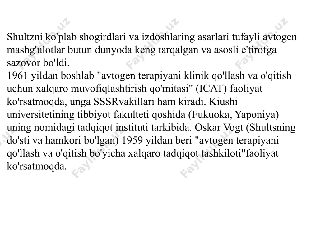 . svyadosh va g. s. belyaevlar usulni klinik amaliyotga faol ishlab chiqdilar va joriy etdilar. k. k. platonov ta'kidlaganidek:"agar 1956 yilda psixoterapiya masalalariga bag'ishlangan butunittifoq konferentsiyasida avtogen mashg'ulotlar haqida hech kim tribunadan yoki chetda gapirmagan bo'lsa, unda 1966 yilda psixoterapiya bo'yicha butunittifoq yig'ilishida unga alohida e'tibor berildi va oltita ma'ruza bag'ishlandi". ushbu ilmiy xabarlarda ko'rib chiqilgan avtogen treningni qo'llashning keng ko'lamli muammolari va jihatlari qiziqish uyg'otadi: leningraddagi g. s. belyaev, a. m. svyadosh va a. s. romain =nevrozlarni davolash va sog'lom odamlarda profilaktika maqsadida usulni qo'lladilar; m. s. lebedinskiy va boshqalar. moskvadagi bortnik yurak patologiyasi bo'lgan bemorlarda; i. m. vish tambovda avtogen mashg'ulotlar yordamida asab faoliyatining xususiyatlarini o'rgandi; i. m. perekrestov xarkovda asab tizimining organik kasalliklari bo'lgan bemorlarda usulni qo'llashni boshladi. o’z o’zini boshqarish o'z-o'zini gipnoz qadimgi davrlarda ma'lum bo'lgan o'z-o'zini gipnoz usullarining terapevtik qo'llanilishi odatda nensi maktabi va bizning asrimizning 20 — yillarida nashr etilgan mualliflar-kue va boduenning asarlari …