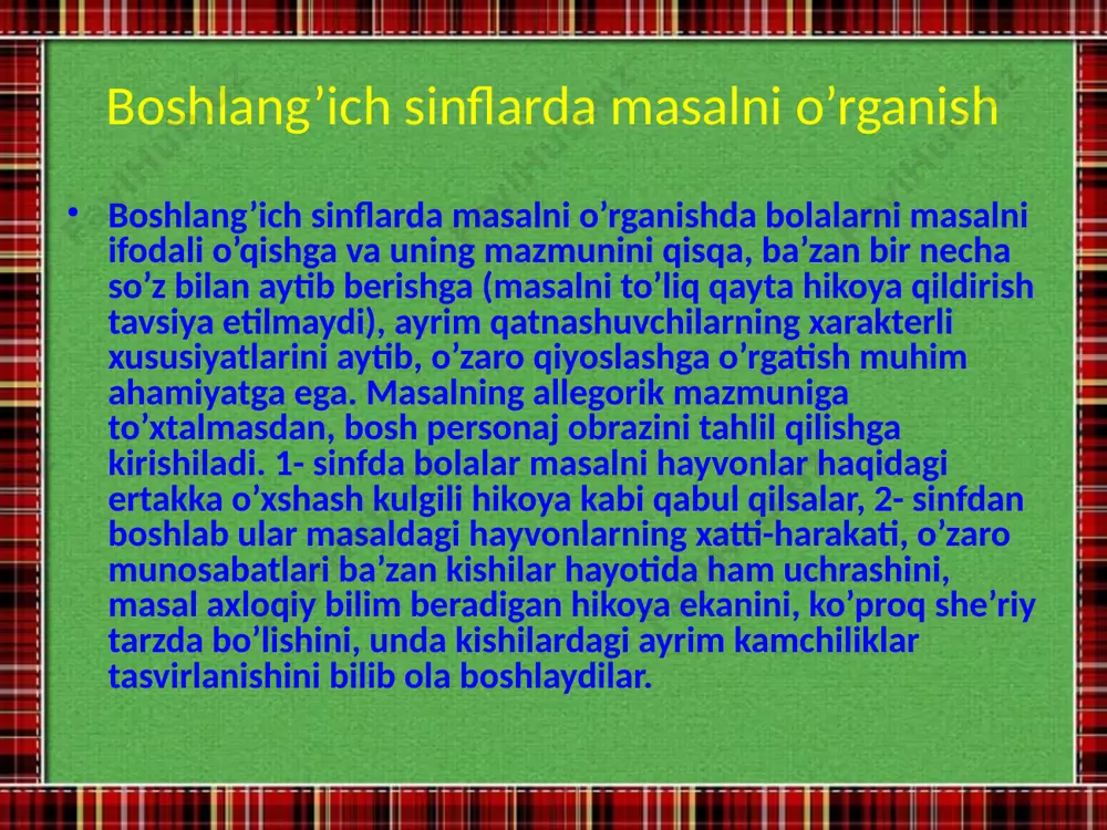 ganda, she’riy satrga rioya qilishlari, she’r ritmini buzmasliklariga erishish lozim. she’r mazmuni ham, boshqa janrdagi badiiy asarlar kabi, savollar asosida tahlil qilinadi. ammo she’r mazmuni haqida o’quvchilarga ko’p savol berish tavsiya etilmaydi. o’quvchilarga she’rning asosiy mazmunini tushunganliklariga ishonch hosil qilishning o’zi kifoya. image2.jpeg image3.jpeg image4.jpeg image5.jpeg image6.jpeg image8.png image1.jpeg /docprops/thumbnail.jpeg