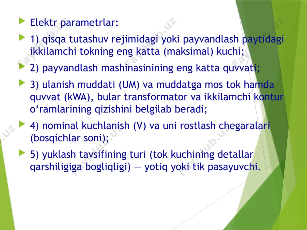 ng quvvatiga qarab tanlanadi. listlar yuzasida izolatsiya qatlami borligi sababli o‘zakning haqiqiy kesimi kattaroq: s = so‘/ko‘, bu yerda ko‘ —o‘zakning to‘ldirilish koeffitsiyenti bo‘lib, odatda ko‘=0,88 — 0,92 ni tashkil etadi. o‘zak to‘rtburchak shaklida bo‘lib, tomonlarining nisbati 1 : 2,5. transformator darchasining o‘lchami birlamchi va ikkilamchi chulg‘amlarni, zarur izolatsiyalovchi qistirmalarni hamda sovitish naychasini joylashtirishga yetarli bo‘lmog‘i kerak. chulg‘amlar disklarining namunaviy joylashtirilishi tarmoqlar va ponalarni joylashtirish uchun g‘altaklar orasida tirqish bo‘lishini ta’minlamog‘i lozim (d=10 — 14 mm). g‘altaklarning ichki o‘lchami ponalarni o‘rnatish va g‘altaklarni bemalol kiydirish uchun eni bo‘yicha 10—15 mm hamda uzunligi bo‘yicha 20—40 mm katta bo‘ladi. g‘altaklarning darchada joylashtirilishini tekshirishda darchada g‘altaklarning balandligi bo‘yicha 6—12 mm tirqish bo‘lishiga e’tibor qaratilishi zarur. hisoblab bo‘lingandan keyin transformatordagi yo‘qotishlar, uning fik va sovitilish sharoiti aniqlanadi. o‘zgarmas tok, past chastotali tok va kondensatorli mashinalarning payvandlash transformatorlari asosan bir fazali o‘zgaruvchan tok mashinalarining transformatorlari uchun foydalaniladigan formulalar yordamida hisoblanadi, ammo bunda transformatsiya koeffitsiyentlarini, o‘ramlar …