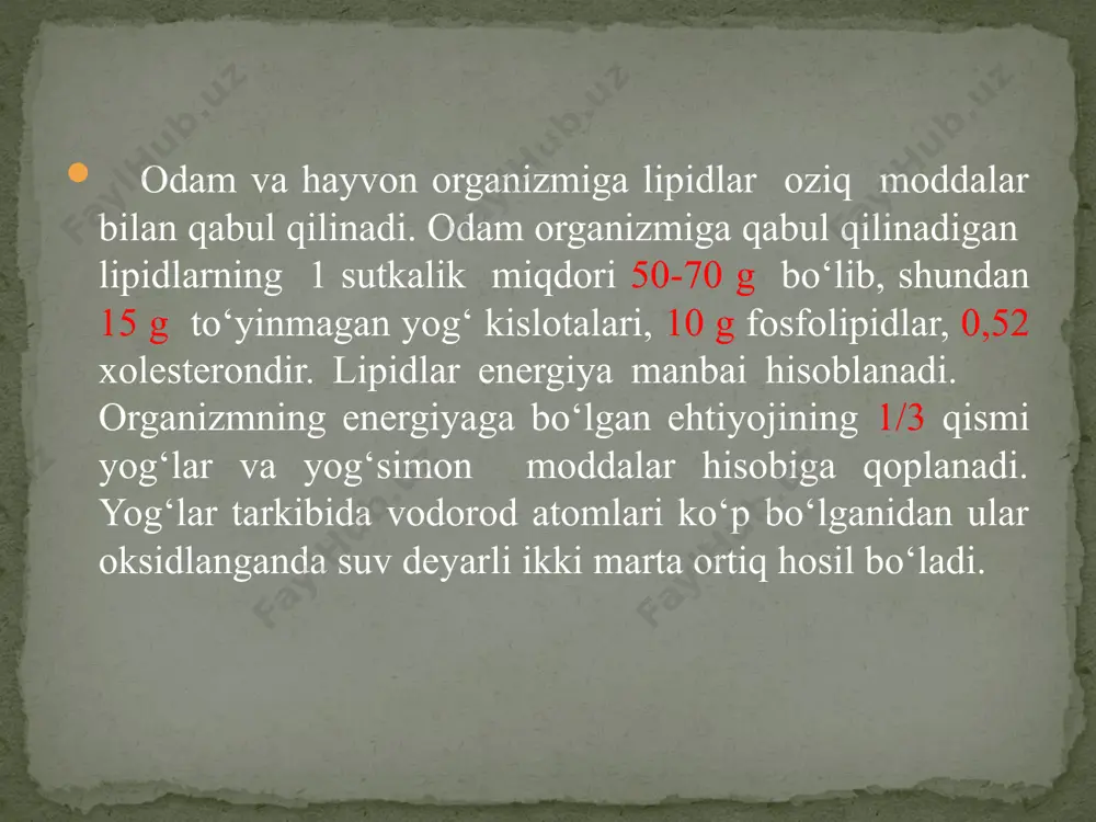 a glitserinlardir. yog‘ kislotalar bevosita aktivlashgan shaklda uchrashi mumkin. aktiv bo‘lmagan yog‘ kislotalar atf va koa ishtirokida aktiv holga aylanadi: digletserid yana bir molekula yog‘ kislotaning kofermentli hosilasi bilan reaksiyaga kirishib yog‘lar hosil qiladi: yog‘ hosil bo‘lishini quyidagi umumiy sxema bilan ifodalash mumkin: sterinlar almashinuvi. hayvon organizmidagi asosiy sterinlardan-xolesterin uglevodlar va yog‘lar almashinuvining kichik molekulali mahsulotlaridan sintezlanadi. nishonlangan atomlar yordamida jigarda xolesterin sirka atsetati va mevalonat kislotadan sintezlanishi aniqlangan. atsetil-koenzim a shaklidagi ikki molekula atsetat kondensatsiyalanib, atsetoatsetilkoenzim a hosil qiladi. mana shu moddaga uchinchi atsetilkoenzim a (atsetat aktiv shakli) molekulasi birikishi natijasida b - oksi - b- metil - glyutarilkoenzim a hosil bo‘ladi. shu oxirgi birikmadan osongina mevalonat kislota hosil bo‘ladi: mevalonat kislota mevolnat kislota - xolesterin sintezida muhim oraliq bo‘lib, bir qancha oraliq birikmalar orqali birma-bir skvalen, lanosterin va nihoyat, xolesteringa aylanadi: organizmda xolesterin biologik jixatdan muhim sterinlar, masalan, buyrak usti bezlari gormonlari, o‘t kislotalar, vitamin d va boshqalarni …