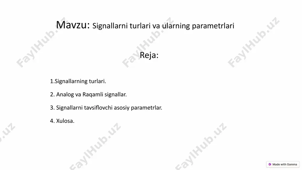 filtr ma'lum bir chastota diapazoni ichidagi signallarni o'tkazadi. 8 signallar va shovqinlar 1 shovqin kirish signallarga aralashadigan istalmagan signallar. 2 signal-shovqin nisbati signal kuchining shovqin kuchiga nisbati. 3 shovqinni kamaytirish signallarni qayta ishlashda shovqinni kamaytirish muhim vazifadir. 9 signallarni qayta ishlash usullari: 1 filtrlash keraksiz chastotalarni olib tashlash. 2 quvvatlash signallarni kuchini oshirish. 3 modulyatsiya signallarni ma'lumotlarni uzatish uchun tayyorlash. 4 demodulyatsiya modulyatsiya qilingan signallarni asl holatiga qaytarish. 10 analog signallarni qayta ishlash: filtrlash: keraksiz chastotalarni olib tashlash yoki ma'lum chastotalarni kuchaytirish uchun ishlatiladi. pastki chastota filtrlar, yuqori chastota filtrlar, bant filtrlar va boshqalar mavjud. kuchaytirish: signalning amplitudasini oshirish uchun ishlatiladi. aralashtirish: bir nechta signallarni birlashtirish uchun ishlatiladi. modulyatsiya va demodulyatsiya: ma'lumotni uzatish uchun signalning xususiyatlarini o'zgartirish va qayta tiklash jarayonlari. to'lqin shaklini o'zgartirish: signalning shaklini o'zgartirish orqali ma'lumotni uzatish va qayta ishlash. 11 raqamli signallarni qayta ishlash: bu usullar analog signallarni avval raqamli formatga o'tkazishdan keyin qo'llaniladi (analog-raqamli konvertatsiya …