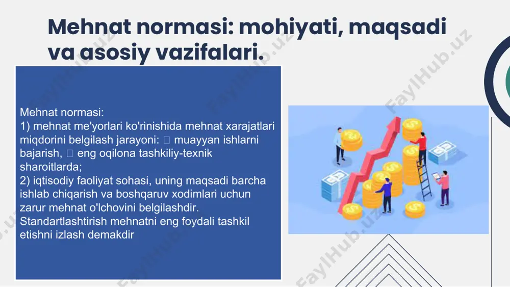 shni ta'minlashi kerak:  smenada asbob-uskunalar va ishchilarning optimal yuklanishi,  mahsulot ishlab chiqarishga minimal vaqt sarflanishi,  mehnat unumdorligi va mahsulot sifatini oshirish. 3. psixofiziologik asoslash. mehnat me'yorlari uzoq vaqt davomida ishchilarning normal holatini va yuqori ko'rsatkichlarini ta'minlashi kerak:  mexnat zichligining me'yoriy darajasi,  ratsional mehnat va dam olish rejimi,  ishlab chiqarish omillarining zararli ta'sirining yo'qligi (ishning intensivligi, intensivligi, mehnat intensivligi). ishning og'irligi, charchoq darajasi va boshqalar). 4. ijtimoiy asoslash . mehnat standartlari ishchilarning ijtimoiy rivojlanish darajasini oshirishni ta'minlashi kerak:  malakasi, madaniy, texnik va ta'lim darajasining o'sishi; mehnat me'yorlarining funktsiyalari 1. mehnat o'lchovi: mahsulot yaratishda xodimning ishtiroki darajasi. 2. rejalashtirish - ustaxonalarning ishlab chiqarish dasturini, ish joylarining rejali topshiriqlarini, jihozlar miqdorini va boshqalarni hisoblash. => mehnat intensivligi => xodimlar soni => ish haqi fondi => s/s. 3. mehnatni oqilona tashkil etish - optimal variantni izlash va amalga oshirish:  operatsiyani bajarish,  ish joyini joylashtirish,  …