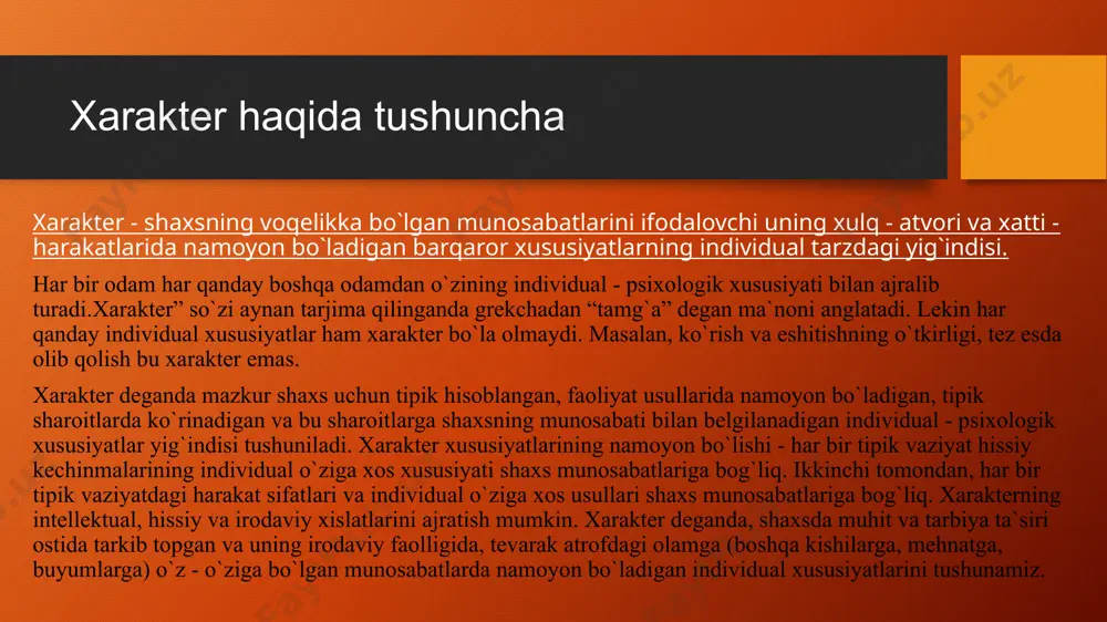 i ko`p (50-80%) uchraydi. k. leongard tomonidan xarakter aktsentuatsiyasi quyidagicha tasniflanadi: gipertim tip. haddan tashqari aloqaga kirishuvchan, ko`p gapiradi, imo - ishora, mimikaga boy, suhbat mavzusini burib yuborishga moyil, ko`pincha xizmatga doir va ommaviy majburiyatlarni unutib qo`yganligi sababli ziddiyatlar kelib chiqadi distim tip. kamgap, muloqotga kirishishga qiynaladi, pessimist, ziddiyatlardan o`zini olib qochadi, uyda yolg`iz qolishni yoqtiradi tsikloid tip. kayfiyati tez o`zgarishga moyil, kayfiyati yaxshi paytda - gipertim, yomon paytda distim tipga o`xshab qoladi. qo’zg’aluvchan tip. muloqotda passiv, verbal va noverbal reaktsiyalari sust, qaysar, ba`zan urushqoq, ko`pincha turli mojarolarning tashabbuskori. kuchaytiruvchi tip. kamgap, aql o`rgatishni yoqtiradi, yuqori natijalarga erishishni xohlaydi, tez xafa bo`ladi, shubhalanuvchan, qasoskor. kichik-kichik muammolarni kattalashtirishga, bo`rttirishga moyil pedant tip. ziddiyatlarga kam qo`shiladi, ko`pincha passiv holatda bo`ladi, atrofdagilarga ko`plab rasmiy talablar qo`yadi, tartibli, jiddiy, ishonchli xodim. xavotirli tip. kamgap, odamovi, o`ziga ishonmaydi, ziddiyatlardan o`zini olib qochadi, tinchliksevar, o`z - o`zini tanqid qiladi. topshiriqlarni vaqtida bajaradi. eemotiv tip. tor doiradagi …