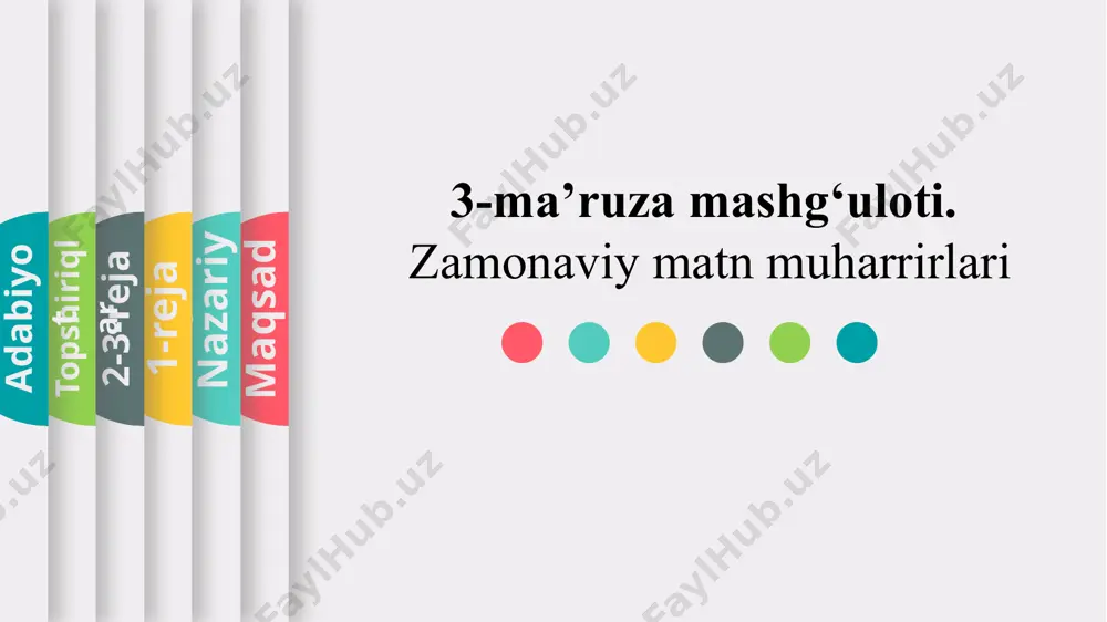 ndan so‘ng, uni belgilab, uning formatini o‘zgartirish mumkin. matn belgilanganda uning yuqorisida paydo bo‘ladigan quyidagi yordamchi oyna yordamida ham matn formatini o‘zgartirsa bo‘ladi: matn bilan ishlash “asosiy” (главная, home) bo‘limdagi “shrift” (1.2) qismi quyidagilar o‘z ichiga oladi: maqsad nazariy 1-reja 2-reja 3-reja adabiyot nazorat uchun savollar 1. word 2003/2007/2010/2013 larning qaysi birida: • word hujjatini web-sahifa ko‘rinishida saqlash mumkin? • word hujjatini pdf kengaytma bilan saqlash mumkin? • word hujjatini rtf kengaytma bilan saqlash mumkin? 2. word 2013 da yozilgan hujjatni word 2003 da ochish uchun uni qanday ko‘rinishda saqlash lozim va yana qanday usullarni qo‘llash mumkin? 3. hujjatdagi matn tarkibiga oid statistik ma’lumotlar bilan tanishish (sahifalar soni, so‘zlar soni, satrlar soni va boshqalar). 4. sahifa yarmidan uzilish (разрыв) hosil qilish va matnni yangi betdan, ya’ni keyingi sahifadan yozishni davom ettirish. 5. word hujjat oynasining o‘zida turib ms excel yoki ms paint obyekti bilan ishlash mumkinmi? 6. word faylini ochishga …