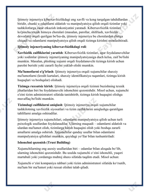 martabali yoki yordamga muhtoj shaxs sifatida taqdim etadi. misol uchun: xujumchi o‘zini kompaniya rahbari yoki tizim administratori sifatida ko‘rsatib, ma'lum bir ma'lumot yoki ruxsat olishni talab qiladi. u o‘zini professional yoki ishonchli bir mutaxassis sifatida namoyon qiladi va maqsadli shaxsni o‘zining yordamiga ishonishga undaydi. fomo (fear of missing out) – narsalarni yo‘qotish qo‘rquvi xujumchilar ko‘pincha odamlarning biror narsani yo‘qotishdan qo‘rquvini ishlatadilar. ular odamlarni shoshilishga va tezda qaror qabul qilishga undaydilar. misollar: “agar tezda amal qilmasangiz, hisobingizni bloklaymiz” yoki “bu taklif faqat 24 soat davomida amal qiladi” kabi joriy qilinadigan xavotirli xabarlar. ko‘pincha phishing (fishing) email yoki sms xabarlari orqali shunday usullar ishlatiladi. soddalikka yo‘naltirish (simplicity) odamlar soddalikka ko‘proq moyil bo‘lishadi, shuning uchun xujumchilar ko‘pincha murakkab savollar yoki talablar o‘rniga sodda va tushunarli so‘rovlar bilan murojaat qiladilar. masalan: xujumchi oddiy so‘rovlar bilan murojaat qiladi: "iltimos, shaxsiy ma'lumotlaringizni taqdim eting, chunki sizning hisobingizni tekshirib ko‘rishimiz kerak." ular odamni oson va tez bajarish …