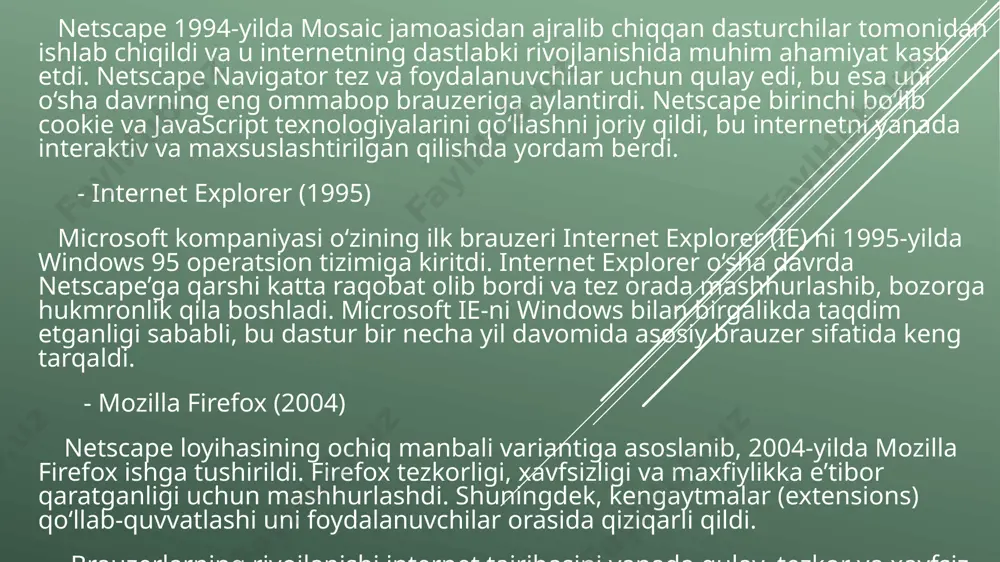 li sahifalarni takroriy ochishda vaqtni tejashga yordam beradi. ko‘p tarmoqli yuklash (multithreading): zamonaviy brauzerlar bir nechta sahifalarni bir vaqtning o‘zida yuklash imkoniyatiga ega. bu esa sahifalarning qisman yoki to‘liq yuklanishida tezlikni oshiradi. chrome va firefox bunga yaxshi misol bo‘lib, ular ko‘p yadroli tizimlarda samarali ishlaydi. - optimallashtirish brauzer optimallashtirilgan bo‘lishi sahifalarni yuklash tezligini oshirishga va xotira ishlatish samaradorligini oshirishga yordam beradi. quyida optimallashtirishning asosiy usullari keltirilgan: resurslarni bloklash va reklama bloklash: ba'zi brauzerlar, masalan, brave va opera, reklama va izlash kuzatuvchilari kabi keraksiz resurslarni bloklash orqali tezlikni oshiradi. reklama bloklash nafaqat yuklanish tezligini oshiradi, balki foydalanuvchi maxfiyligini ham himoya qiladi. kengaytmalarni boshqarish: ko‘plab kengaytmalar va plaginlar brauzer ishini sekinlashtirishi mumkin. shuning uchun, chrome va firefox kabi brauzerlar faqat kerakli kengaytmalarni yoqishni va ortiqchalarini o‘chirishni tavsiya qiladi. bu optimallashtirish jarayonini sezilarli darajada yaxshilaydi. foydalanilmayotgan tablarni yopish: foydalanuvchi uzoq vaqt foydalanmayotgan tablar brauzerda resurslarni sarflaydi. ayrim brauzerlar, masalan, microsoft edge, ushbu tablarni …