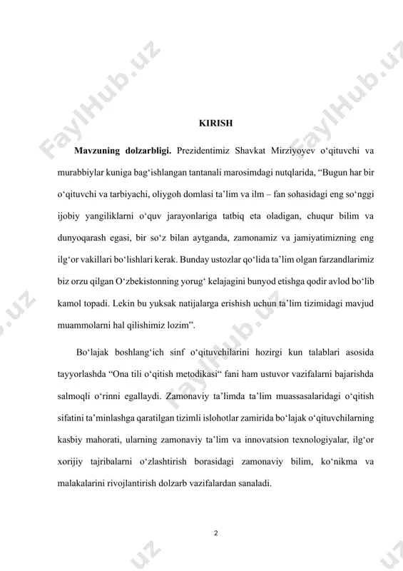 i. kurs ishining maqsadi: boshlang`ich sinflarda ta’limiy diktant va uni tashkil qilish ustida ishlash xususiyatlarini o‘rganish, taklif va tavsiyalar ishlab chiqishdan iborat. kurs ishining vazifalari: boshlang`ich sinflarda o`quvchilarga ta’limiy diktant o’rgatishni tushuntirishdir. boshlang`ich sinf o‘quvchilariga interfaol va didaktik metodlarda diktant va uni tashkil qilish metodikasi. didaktik o`yinlarni bajartirish metodikasi. boshlang`ich sinflarda ustida ishlashning o‘ziga xos xususiyatlarini keng tarzda yoritib berishdan iborat kurs ishining obyekti: boshlang’ich sinf ta’limiy diktant va uni tashkil qilish jarayoni ustida ishlash orqali o`quvchilar bilimini shakllantirish jarayoni. kurs ishining predmeti: boshlang’ich sinf darslarida ta’limiy diktant tashkil qilish va uni o’tkazish mazmuni, vositalari, shakl va metodlari kurs ishining tuzilishi vа hаjmi. kirish, ikkitа bоb, xulоsа, fоydаlаnilgаn аdаbiyоtlаr rоʻyhаtidan iborat bo‘lib, asosiy matn 31 betdani tashkil qiladi i bob. didaktik o’yinlar 1.1 . boshlang’ich sinf ona tili darslarida qo’llaniladigan metodlar boshlang’ich sinflarda ona tili va o`qish savodxonligi darslari o’z mohiyati, maqsad va vazifalariga ko’ra ta’lim tizimida alohida o’rin tutadi. …