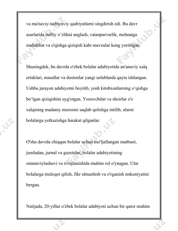 ab o'quv dasturlariga kiritishga harakat qildilar. shu tariqa, bolalar shiorlari, qo'shiqlar va o'quv materiallari ishlab chiqildi. bu harakatlar bolalar dunyoqarashini kengaytirishga, ularning ma'nan yetuk inson bo'lib ulg'ayishiga xizmat qildi. 1930-yillar boshlarida bolalar adabiyotida sotsializmni targ'ib qilish yo'lida asarlar yozildi. bu davrda bolalarni mustahkam bilim olishga, mehnatsevar bo'lishga va jamiyatda faol ishtirok etishga chorlash maqsadida ko'plab asarlar yaratildi. ayni paytda, temur malik, g'ulom zafariy va boshqa shoirlar bolalar uchun she'rlar ijod qilishgan. jadidchilik harakati ortidan qad krok qilgan she'riyatning asosiy maqsadi savodxonlikni oshirish va savodli yangi avlodni tarbiyalash edi. bu davrda maktab o'quv dasturlariga mos holda xalqning madaniy saviyasini ko'tarishga qaratilgan ko'plab she'riy asarlar yozildi. bolalar adabiyotining rivojlanishi natijasida yosh avlod uchun maxsus mo'ljallangan ko'plab kitoblar va matbuot nashrlar paydo bo'ldi. bolalar adabiyotining rivoji faqat didaktik asarlar bilan cheklanib qolmay, bu davrda bolalar uchun tarjima adabiyoti ham tarkib topdi. rossiya va boshqa davlatlardan olib kelinib tarjima qilingan asarlar bolalar adabiyotining boyishi …
