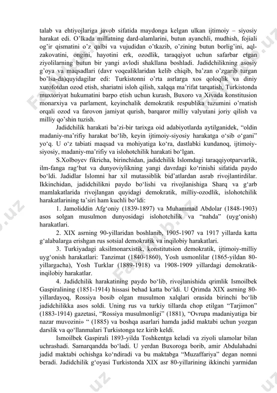 yangiliktarafdorlarini abdulla avloniyso’zibilanaytganda, “gazetao’qig’uvchilarni” mullalar “jadidchi” nomibilanataredilar. jadidlarusmonliturkiyadagi “ganch (yosh) turk”lartashkilotlarita’sirida “yoshbuxoroliklar”, “yoshxivaliklar”, “yoshturkistonliklar” degannomlardafaoliyatolibborishgan. “jadid” arabcha so‘z bo‘lib, “yangi” degan ma’noni anglatadi. shuning uchun ham yangilik va islohotchilikka intiluvchi, taraqqiyparvar milliy ziyolilar tarixda “jadid” degan nomga musharraf bo‘ldilar. jadidchilik deb nomlangan bu harakatning paydo bo‘lishi bevosita o‘sha davrdagi ichki muhit hamda tashqi xalqaro maydondagi ijtimoiy-siyosiy va demokratik yangilanishlar bilan bog‘liq bo‘ldi. jadidchilik harakati qoloqlik va jaholat, o’lka aholisining ayanchli ahvoli, turkistonning yevropa va jahon sivilizatsiyasidan orqada qolib ketishi, islom va shariatning oyoq osti qilinishi va bunday og’ir hayotdan qutulish, erk va ozodlikka erishish uchun o’z zamonasining ilg’or ziyoli qatlamlari qarashlarida vujudga keldi. jaholat uyqusidan uyg’onish, tarixiy zaruratga aylangan edi. boshqacha qilib aytganda, jadidchilik harakati ijtimoiy rivojlantirishning, tarixiy taraqqiyotning talab va ehtiyojlariga javob sifatida maydonga kelgan ulkan ijtimoiy – siyosiy harakat edi. o’lkada millatning dard-alamlarini, butun ayanchli, mudhish, fojiali og’ir qismatini o’z qalbi va vujudidan o’tkazib, o’zining butun borlig’ini, aql-zakovatini, …