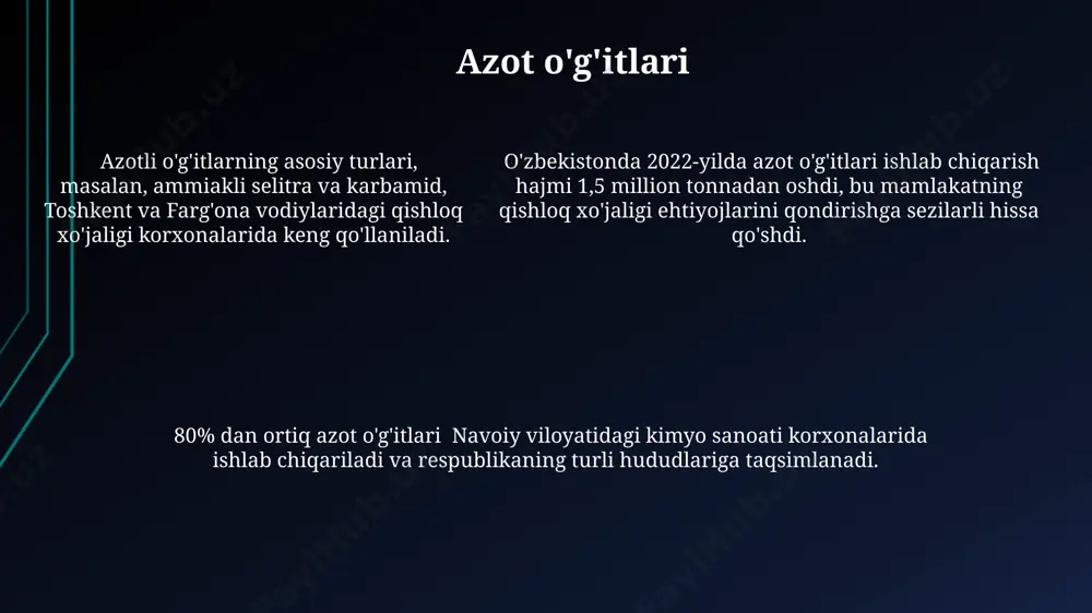 ydi. azot guruhiga 15-guruh yoki pniktogenlar deb ham ataladi va 5 ta elementdan iborat bo'lib, ularning atom raqamlari 7 dan 85 gacha o'zgaradi, bu esa ularning xossalarida katta farqlarni keltirib chiqaradi. azotning ekologik ahamiyati nitratlarning ortiqcha miqdori, ayniqsa, sirdaryo daryosi havzasidagi suv havzalariga tushganda, suvning eutrofikatsiyasiga olib kelishi va 1000 dan ortiq suv o'simliklarining rivojlanishiga sabab bo'lishi mumkin. azot, o'simliklar o'sishi uchun muhim ozuqa elementi bo'lib, uning tuproqdagi yetishmasligi 20% gacha hosildorlikni pasaytirishi mumkin, ayniqsa, qashqadaryo viloyatining qurg'oqchil hududlarida. atmosferadagi azotning 78% ni tashkil qilishiga qaramay, o'simliklar uni to'g'ridan-to'g'ri o'zlashtira olmaydi, shuning uchun 50 dan ortiq mamlakatda azotli o'g'itlarning qo'llanilishi muhim ahamiyat kasb etadi. azotning kimyoviy xossalari azotning atom radiusi 56 pm bo'lib, bu davriy jadvalning 15-guruhi elementlari orasida eng kichik hisoblanadi. bu uning yuqori ionlanish energiyasi va yuqori elektr manfiyligi bilan bog'liq, bu esa uning reaktivligini cheklaydi. azotning oksidlanish darajasi -3 dan +5 gacha o'zgaradi, bu esa uning turli …