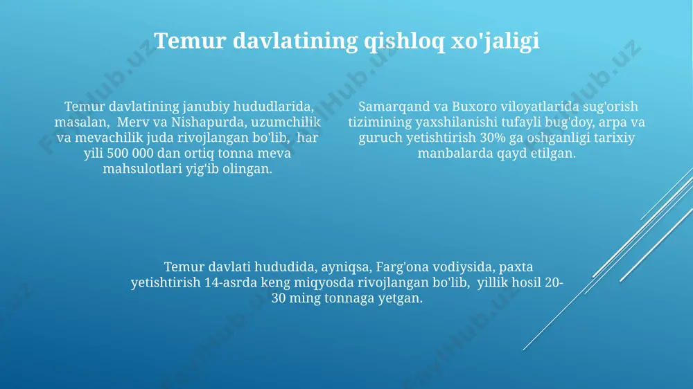 va 47 metr balandlikdagi minorasi bilan mashhur. aholining ijtimoiy tuzilishi amir temur davlatida 100 mingdan ortiq qoʻshin boʻlib, ularning aksariyati dehqonlar va hunarmandlardan iborat boʻlib, samarqand va buxoro kabi yirik shaharlarda yashovchi aholining ijtimoiy mavqei yuqoriroq edi. davlatning iqtisodiyotini taʼminlashda dehqonlar muhim rol oʻynagan, ularning yer egaligi huquqlari cheklangan boʻlsa-da, qishloqlar 10-20 ta oiladan iborat mahalla tuzilmasiga ega edi. temur davlatining ijtimoiy tuzilmasi qatʼiy iyerarxik boʻlib, amir, amirlar, beklar, noiblar va oddiy xalq qatlamlariga boʻlingan, bu 14-asr oʻrta osiyosi uchun xos edi. temur davlatining shaharlari marg'ilon, shahrisabz kabi shaharlar temur davlati hududida paxta yetishtirish va ipak to'qish kabi sanoat tarmoqlarining rivojlanishiga hissa qo'shgan bo'lib, 100 mingdan ortiq aholiga ega bo'lgan yirik markazlarga aylandi. temur davlati poytaxt samarqand 14-asrda ulkan qurilish ishlari natijasida 150 ming aholi istiqomat qiluvchi yirik shaharga aylandi, bu davr uchun juda katta ko'rsatkich hisoblanadi. temur davlatining boshqa muhim shaharlari – buxoro, hirot, balx kabi markazlar o'zining savdo, …