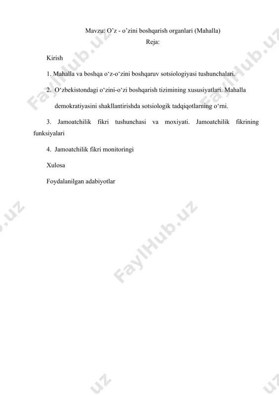 ni boshqaruv sotsiologiyasi tushunchalari. mahalla va mahalliy boshqaruv sotsiologiyasida 2 ta muhim masalaga e’tibor bermoq lozim. bular: mahalliy hokimiyat organlari. fuqarolarning o‘zini-o‘zi boshqarish organlari. 1. mahalliy hokimiyat organlariga «o‘zbekiston respublikasi konstitusiyasi» ning 9-104-moddalariga muvofiq viloyatlar, tumanlar va shaharlarda hamkorlik boshchilik qiladigan xalq deputatlari kengashlari hokimiyatning vakillik organlaridir. ular davlat va fuqarolarning manfaatlarini ko‘zlab va vakolatlariga taalluqli masalalarni xal etadilar. 1993 yil 2 sentyabrda «mahalliy davlat hokimiyati to‘g‘risida» qonun qabul qilindi. o‘zbekiston respublikasining 100-moddasiga binoan mahalliy hokmiyat organlari ixtiyoriga qo‘yidagilar kiradi: 1. qonunchilikni, huquq-tartibotni va fuqarolarning xavfsizligini ta’minlash; 2. hududlarni iqtisodiy, ijtimoiy va madaniy rivojlantirish[1]; 3. mahalliy byudjetni shakllantirish va uni ijro etish, mahalliy soliqlar, yig‘imlarni belgilash, byudjetdan tashqari jamg‘armalarni hosil qilish; 4. mahalliy kommunal xo‘jalikka rahbarlik qilish; 5. atrof-muhitni muhofaza qilish; 6. fuqarolik holati aktlarini qayd etish; 7. normativ hujjatlarni qabul qilish hamda o‘zbekiston respublikasi qonunlariga zid kelmaydigan boshqa vakolatlarni amalga oshirish. 2. fuqarolarning o‘zini-o‘zi (mahalliy) boshqarish organlari. «o‘zbekiston respublikasi …