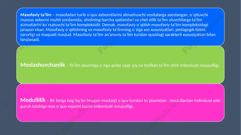man faoliyat shakllarini tashkil qilish. 2. turli xildagi o’quv faoliyatini amalga oshirish jarayonida zamonaviy axborot va telekommunikasion texnologiyalarning barcha imkoniyatlaridan foydalanish, jumladan: qayd qilish, yig’ish, saqlash, axborotni qayta ishlash, interfaol muloqot, obyekt, hodisa, jarayonlarni modellashtirish, virtual laboratoriyalar va boshqalar. 3. o’quv jarayoniga assosiativ bilan bir qatorda multimedia texnologiyalari, virtual haqqoniylik, gipermatn va gipermedia tizim imkoniyatlariga tayanib oniy axborotni olib kirish. 4. o’rganuvchilarning intellektual imkoniyatlari hamda ularning bilim, uquv, ko’nikma, mashg’ulotga tayyorlik darajasini obyektiv baholash va tashhis qo’yish. 5. har bir o’quvchining intellektual darajasiga mos holda ularning o’quv faoliyatini boshqarish. 6. o’rganuvchilarning individual mustaqil o’quv faoliyatini amalga oshirishlari uchun sharoit yaratish, o’zini o’qitish, rivojlantirish, takomillashtirish, safarbar qilish ko’nikmalarini shakllantirish. 7. pedagoglar, o’rganuvchilar va ota-onalarni ta’lim mazmuni va maqsadlariga mos bo’lgan dolzarb, o’z vaqtidagi axborot bilan tezkor ta’minlash. 8. o’qitish samaradorligini oshirishga qaratilgan pedagog, o’rganuvchi va ota-onalarning doimiy va tezkor muloqoti uchun zamin yaratish. /docprops/thumbnail.jpeg
