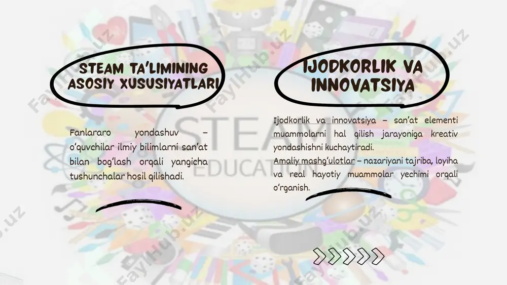 oladi. steam hozirgi kunda o'zbekistonda steam ta'limining kelajakdagi maqsadlari o'qituvchilar malakasini oshirish ta'lim sifatini oshirish: fan, texnologiya, muhandislik, san'at va matematika fanlarini integratsiyalash orqali o'quvchilarning tanqidiy fikrlash va ijodiy qobiliyatlarini rivojlantirish. o'qituvchilar malakasini oshirish: o'qituvchilarni steam yondashuvi bo'yicha tayyorlash va qayta tayyorlash orqali ta'lim jarayonini takomillashtirish. ta'lim infratuzilmasini yaxshilash: maktablarni zamonaviy laboratoriyalar va texnologik jihozlar bilan ta'minlash, o'quv dasturlari va darsliklarni yangilash. o'zbekistonda steam ta'limini rivojlantirish bo'yicha bir qator strategiyalar ishlab chiqilgan: 1. o'quv dasturlarini takomillashtirish: fanlar bo'yicha o'quv dasturlari va darsliklarning amaldagi standartlarini saqlab qolish va takomillashtirish orqali ta'lim sifatini oshirish rejalashtirilgan. 2. o'qituvchilarni tayyorlash va qayta tayyorlash: o'qituvchilarni steam yondashuvi bo'yicha tayyorlash va malakasini oshirishga alohida e'tibor qaratilmoqda. maktablar uchun zarur jihozlarni sotib olish, maktab binolarini ta'mirlash va ta'lim texnologiyalarini rivojlantirish orqali ta'lim muassasalarining moddiy-texnik bazasini mustahkamlash ko'zda tutilgan. quyidagi statistik amallar ta'lim infratuzilmasini yaxshilash xalqaro hamkorlikni rivojlantirish xorijiy ta'lim muassasalari bilan hamkorlikni kuchaytirish orqali ilg'or tajribalarni o'rganish …