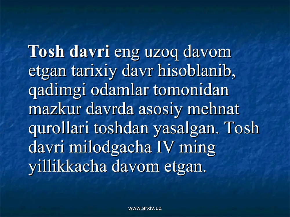 yashovchi hayvonlar, mezozoyda sudralib yuruvchilar paydo bo’ladi. www.arxiv.uz www.arxiv.uz yer tarixining kaynozoy erasida esa sut emizuvchi hayvonlar tarqaladi. bu era, o’z navbatida, uchlamchi va to’rtlamchi bosqichlarga bo’linib, uchlamchi bosqich 50-60 mln., to’rtlamchi bosqich 3-3,5 mln. yilni o’z ichiga oladi. www.arxiv.uz www.arxiv.uz ilk paleolit davrida insoniyat tarixida tabiat katta ahamiyatga ega bo’lgan. inson va uni o’rab turgan tabiat o’rtasidagi doimiy munosabatlar uzluksiz jarayon shaklini olgan. www.arxiv.uz www.arxiv.uz ilk paleolitning dastlabki davrida janubiy va o’rta yevropada iqlim subtropik, janubiy osiyo va afrikada esa tropik bo’lib, issiqsevar hayvonlar keng tarqalgan. www.arxiv.uz www.arxiv.uz yevropada fillar, begemotlar, primitiv (stenon otlar) otlar; osiyoda esa ibtidoiy xo’kizlar, karkidonlar, zebra paydo bo’lgan. o’simliklar esa hamisha yashil rangda bo’lgan. janubiy va markaziy yevropa hududlarida shamshod, dafna, anjir; yevropaning boshqa hududlarida esa qalin, keng bargli daraxtlardan tashkil topgan o’rmonlar tarqalgan. www.arxiv.uz www.arxiv.uz ilk paleolitda dastlabki odamlar shimoliy afrika, yevropa va osiyo hududlarida yashagan. miloddan avvalgi 600-400 ming yilliklarga kelib, ular …