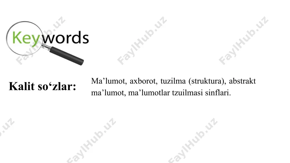 farqli tomoni shundaki, undagi ma’lumotlar dastur o’z ishini yakunlagandan keyin ham, hisoblash mashinasi elektr tokidan ajratib qo’yilganda ham saqlanib qoladi. ya’ni biror bir dastur yordamida hosil qilingan (yoki tashqi xotirada saqlangan) ma’lumot ushbu dastur ishi yakunlangandan keyin va qayta ishga tushirilganda foydalanish uchun alohida saqlab qo’yilishi mumkin. ma’lumotlarning abstrakt (mavhum) turlari – bu matematik model va shu model doirasida aniqlangan turli xil operatorlardir. abstrakt ma’lumotlar turi bilan algoritmlarni ishlab chiqish mumkin, lekin ma’lum bir dasturlash tilida algoritmlarni qo’llash uchun ma’lumotlarning abstrakt turlarini ushbu dasturlash tiliga mos ma’lumotlar turi va operatorlar yordamida ishlab chiqiladi. ma’lumotlarning abstrakt turlarini tavsiflash uchun o’zida o’zgaruvchilarning aniq to’plamini, mumkin bo’lgan ma’lumotlar turini mujassamlashtirgan ma’lumotlar tuzilmasidan foydalaniladi. algoritmlarda qo’llaniladigan ma’lumotlar tuzilmasi juda murakkab bo’lishi mumkin. ma’lumotlarni to’g’ri taqdim etish natijasi muvaffaqiyatli dasturlash kaliti sifatida xizmat qiladi. ma’lumotlar tuzilmasining qurilish materiali tayanch yoki tarkibli ma’lumotlar turini saqlashga mo’ljallangan yacheykalar hisoblanadi. ma’lumotlar tuzilmasi yacheykalar majmuasiga boshqa yacheykalar vakili (ya’ni …