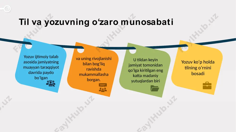 ate library 7 yozuvning tarixiy ahamiyati agar yozuv bo‘lmaganda, ajdodlarimiz tomonidan yaratilgan yuksak madaniyat namunalari etib kelmagan bo‘lar edi. xalqlarning qadimiy yozuvini o‘rganish juda katta nazariy va amaliy ahamiyatga ega. xalqlarning qadimiy yozuvini o‘rganish juda katta nazariy va amaliy ahamiyatga ega. boshlangʻich davrlarda xotirada saqlab qolish vositasi tabiat predmetlari boʻlgan. by: .com © presentationgo.com © copyright presentationgo.com – the free powerpoint and google slides template library 8 yozuvning yutugʻi: tilda boʻlmagan imkoniyatlar yozuvda yuzaga chiqadi. ammo u tilning toʻliq aksi emas, balki shartli va sunʼiy aksidir. jamiyatning kelgusi taraqqiyotida radio va televizion, internet aloqa vositalari kabi yozuvdan ustunroq boʻlgan yangi vositalar ham yuzaga kelishi mumkin. yozuvning oʻziga xos xarakterli belgilari bor: 1. yozuv mustaqil va asosiy aloqa vositasi boʻlolmaydi, yordamchi vosita hisoblanadi. 2. nutqni uzoq masofaga yetkazish va keyingi davrlarga qoldirish uchun xizmat qiladi. grafik belgilar yozuvning asosiy qurolidir. demak, yozuv koʻz bilan koʻradigan va kishilar oʻrtasida oʻziga xos aloqa …
