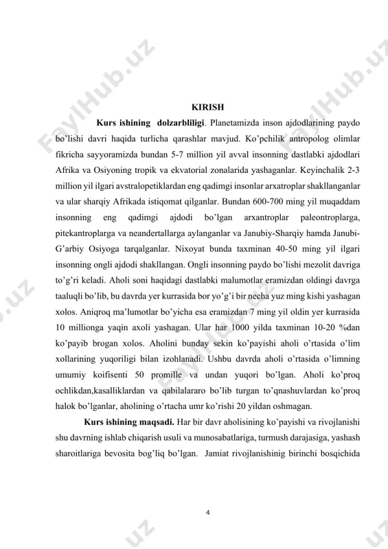iyat taraqqiyoti tarixidagi dastlabki ‘’madaniy –texnik revolyutsiya ‘’ ishlab chiqarish kuchlarining yanada rivojlanishiga sabab bo’ldi. oziq ovqat maxsulotlari ishlab chiqarish rivojlandi. bu hol esa o’z navbatida dunyo aholisi sonining ko’payishiga olib keldi. xix asrgacha bo’lgan davrda demografik jarayonlarda sezilarli sifat o’zgarishlari bo’lib o’tmadi. undan keyingi davrda aholining tabiiy harakati ko’rsatkichlarida demografik o’tish jarayoni boshlandi. u oila bajaradigan vazifalarning keskin o’zgarishi ,turmushning nisbatan yaxshilanishi, aholining yosh tarkibidagi siljishlar boshqa omillar bilan bog’langandir . demografik o’tish davri dastavval yevropada xviii asrda boshlanadi. shunda tabiiy o’sish 20-30%ga teng bo’ldi, buni haqiqatdan ham demoqrafik inqilob deb atash mumkin. chunki 10-20 yil oldin atigi 5-10% ga teng bo’lgan tabiiy o’sish qisqa vaqt ichida 2-3 martaga oshdi. ushbu jarayon yevropada 100-150 yil davom etti. i bob. dunyo aholisi dinamikasi 0. aholi tarkibi aholining jinsiy, yosh va oilaviy tarkibi. aholinig jinsiy va yosh tarkibi ijtimoiy va iqtisodiy nuqtai nazardan muhim ahamiyatga egadir. chunki, mehnat resurslarini maktabgacha maktab …