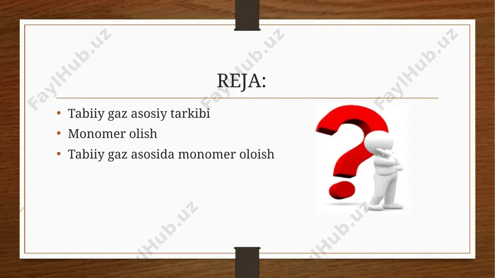 ydi. 5 monomerlarga misol glyukoza eng keng tarqalgan tabiiy monomerdir. kraxmal, tsellyuloza va glikogen polimerlarini hosil qiladi. glyukoza, shuningdek, ko'plab organizmlar uchun hayotiy energiya manbai hisoblanadi. aminokislotalar oqsillarni qurilish materialidir. aminokislotalar oqsil deb ataladigan polimer hosil qiladi. 20 ta aminokislota monomerlari mavjud. monomer oqsillar monomer hisoblanadi 6 maqsad tabiy gaz tarkibida uchraydigan momomenrlar sanoatda ko’p tarmoqda foydalaniladi yani ulardan: polimerlar, sellilozalar, kavuchiklar tibbiyot sohasiga ham oid maxsulotlar olinadi. 7 polimerga oid tabiy gaz tarkibida uchraydigan toyinmagan uglevodorodlar kuchkli bosim tasirida siqiladi va mikro malekulyar moddalar bog’ uzulish hisobiga bir biri bilan birika boshlaydi natijada birxil tarkibdan iborat uzun zanjirli modda hosil bo’ladi ch =ch [-ch-ch-] 2 n 2 politilen ishlab chiqarish tsexi. /shgkm 8 umumiy tushuncha va savollar savollar tabiy gaz turlari? tabiy gaz nega sovutilgach tozalovchiga yuboriladi? monomer va polimer farqi? monomer nega gaz tarkibidan olinadi? qanday moddalar polimer hosil qila oladi tushunchalar tabiy gaz faqatgina yer tagidan chiqmaydi …