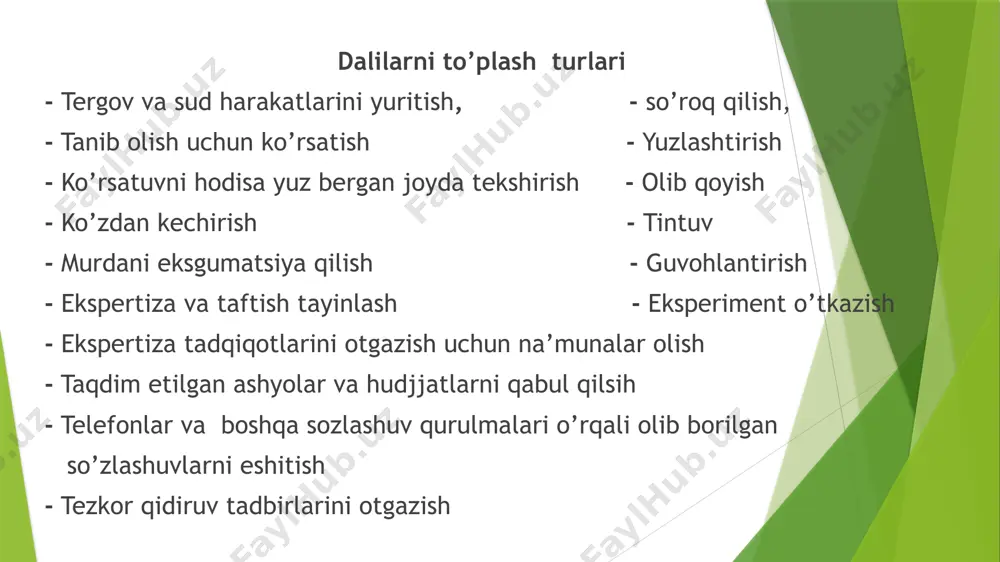 tizaga namunalar olish uchun murdani qabrdan chiqarib olish zarur bo‘lgan taqdirda o‘tkaziladigan tergov harakati. eksperiment tergov harakati deganda jinoyat ishi bo‘yicha ahamiyatga ega bo‘lgan ma’lum voqeaning holatini qayta tiklash yo‘li bilan tajriba harakatlarini o‘tkazish, biror hodisaning sodir bo‘lish imkoniyatini tekshirish, shuningdek hodisaning voqelikda qanday yuz berishi va izlarning qolish yo‘sinlarini aniqlash, shaxsning qobiliyatlari (ko‘rish, eshitish yoki jismoniy) va tergov tusmollarini tekshirish maqsadida o‘tkaziladigan protsessual harakat tushuniladi. tintuv – shaxsni, xonalarni, tintuv qilinayotgan shaxs va uning oila a’zolari yoki tashkilot ixtiyorida bo‘lgan xona va turar joylarni, ochiq joylarni majburiy tekshirishdan iborat. olib qo‘yish – bu mustaqil tergov harakati bo‘lib, ish uchun ahamiyatli bo‘lgan ashyo va hujjatlarning aynan kimda va qayerda ekanligi ma’lum holatdagina surishtiruvchi, tergovchi, sudya va sud tomonidan oʻtkazilishi mumkin. pochta-telegraf joʻnatmalarini yoki ularning ayrimlarini xatlab qo‘yish – gumon qilinuvchi, ayblanuvchi, sudlanuvchi boshqa shaxslarga yuborgan yoxud boshqa shaxslar gumon qilinuvchiga, ayblanuvchiga, sudlanuvchiga yuborgan pochta-telegraf joʻnatmalarida sodir etilgan jinoyatga doir ma’lumotlar …