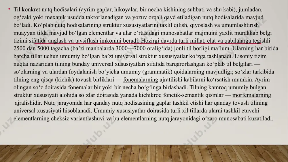 paydo boʻladi va unda mustahkamlanadi; til bilan tafakkur bir butunlikni tashkil etadi. tilning, dastlabki tilning paydo boʻlishi masalasi insoniyatni qadimgi zamonlardan beri qiziqtirib keladi. qadimgi davrlardan boshlab tilning kelib chiqishi haqida koʻplab nazariyalar, taʼlimotlar paydo boʻldi. lekin bu nazariya va taʼlimotlar tilning kelib chiqish masalasini hanuzgacha uzil-kesil hal qilib bera olgani yoʻq. qayd etilganidek, jahon tillari oʻz grammatik qurilishi, lugʻat boyligi va boshqa jihatidan bir-biridan farq qiladi, lekin shu bilan birga ular barcha tillar uchun mushtarak boʻlgan umumiy qonuniyatlar asosida rivojlanadi. til davr bilan, zamon bilan hamohang ravishda oʻzgarib boradi ( oʻzbek tilining qadimgi turkiy til davri bilan hozirgi koʻrinishi chogʻishtirilsa, bunday oʻzgarishlar qay darajada boʻlganligi yaqqol seziladi ) va baʼzan, turli ijtimoiy-siyosiy oʻzgarishlar oqibatida, muomaladan chiqib ketishi ham mumkin. masalan, oʻtmishda jahon madaniyati rivojiga katta hissa qoʻshgan feklar va rimliklar soʻzlashgan qadimgi yunon va lotin tillari davrlar utishi bilan muomaladan chiqib, oʻlik tillarga aylanib qolgan. tildagi oʻzgarishlar tabiati hamda …
