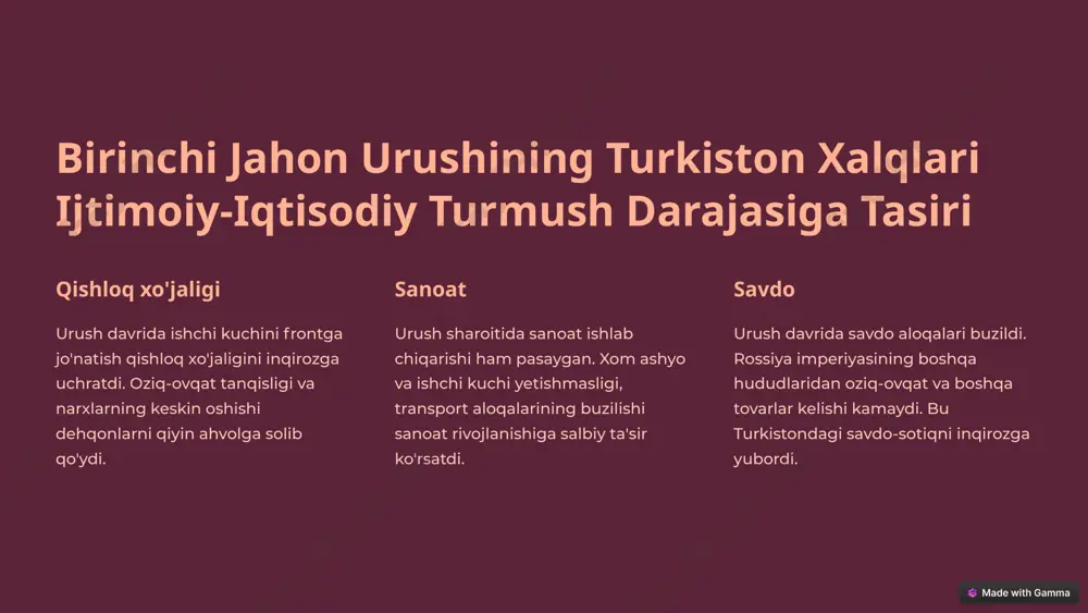 oziq-ovqat tanqisligi oziq-ovqat yetishmasligi va narxlarning keskin oshishi aholining turmush darajasini pasaytirdi. ijtimoiy tartibsizliklar mardikorlikka qarshi qo'zg'alon ijtimoiy tartibsizliklarni kuchaytirdi. qo'zg'alonchilar va rus qo'shinlari o'rtasida qattiq janglar bo'ldi. 8 1916 yil qo'zg'aloning bostirilishi va uning oqibatlari 1 qo'zg'aloning bostirilishi rus qo'shinlari 1916 yilning kuzida qo'zg'alonni bostirishga muvaffaq bo'lishdi. 2 oqibatlar qo'zg'alon natijasida minglab odamlar halok bo'ldi. ko'plab qishloqlar va shaharlar vayron bo'ldi. 3 milliy ozodlik harakatining kuchayishi 1916 yil qo'zg'aloni turkiston xalqlarining milliy ozodlik harakatini kuchaytirdi. 9 image1.png image2.png image3.jpg image4.png image5.png image6.png image7.png image8.jpg image9.jpg image10.png image11.png image12.png image13.jpg image14.jpg image15.jpg