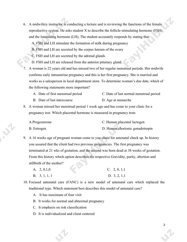 ualized and client centered 11. when a grand multiparas mother comes to your health institution and you take history and physical examination, then your assessment is active 1st stage of labor. while you are following this laboring mother with a partograph which component of a partograph do you interpret in relation to alert and action lines? a. descent b. fhb c. cervical dilation d. molding 12. which is false about partograph? a. it is diagrammatic presentation of fetal and maternal condition and progress of labor b. plotting will not be started at latent first stage of labor c. following with partograph is not recommended in hospitals d. it helps for early diagnosis and referral of prolonged or obstrated labor 13. a 20 yrs old gravida ii, para i mother on her 39+2wks of ga presented with compliant of pushing down pain 8 hrs duration. on p/e the fhb =142 bpm, …