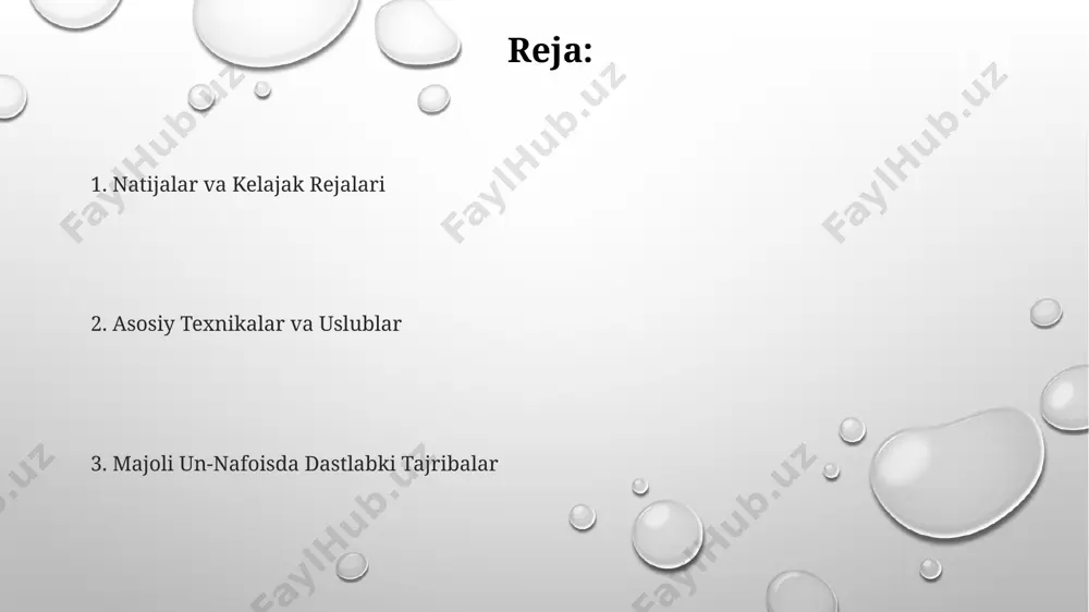 g, o'pka hajmida o'rtacha 5-10% ga o'sish va funktsional qobiliyatning yaxshilanishi kuzatiladi, ammo bu individual farq qilishi mumkin. majoliy nafas mashqlari kursining samaradorligini baholash uchun 2 va 3-seanslardan keyin bemorlarda nafas olish tezligi va chuqurligini o'lchash, shuningdek, sog'liq holati haqidagi subyektiv his-tuyg'ularini aniqlash kerak. muvaffaqiyatga erishish strategiyalari muvaffaqiyatga erishish uchun 5 ta kalit sohani – vaqtni boshqarish, maqsad qo‘yish, strategik fikrlash, o‘z ustida ishlash va samarali aloqani mukammal o‘zlashtirish kerak. o‘rtacha 80% muvaffaqiyatli odamlar, kuniga kamida 1 soat o‘zlarining shaxsiy rivojlanishiga bag‘ishlaydilar, bu esa 30% ga yuqori natijalarga olib keladi. davriy baholash jarayoni orqali, ya'ni har 3 oyda bir bor o‘z natijangizni tahlil qilib, kamchiliklarni 20% ga kamaytirish mumkin. ishtirokchilarning fikrlari majoliy ifodalarni qo'llash bo'yicha o'rtacha 5 balldan 4,2 ball olingan bo'lib, bu ishtirokchilarning mavzuni tushunish va qo'llash darajalarining yuqori ekanligidan dalolat beradi. 3 ta asosiy mavzu bo'yicha fikr almashinuvlarda ishtirokchilarning 90% faol qatnashganligi va konstruktiv takliflar bildirganligi qayd etildi. …