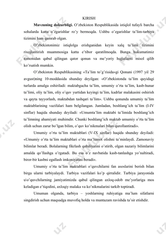 sh bilan birga ularni tarbiyalaydi. tarbiya vazifalari ko’p qirralidir. tarbiya jarayonida u\o’quvchilarning jamiyatimizda qabul qilingan axloq-odob me’yorlariga mos keladigan e’tiqodini, axloqiy malaka va ko’nikmalarini tarkib toptiradi. umuman olganda, tarbiya – yoshlarning ruhiyatiga ma’lum sifatlarni singdirish uchun maqsadga muvofiq holda va muntazam ravishda ta’sir etishdir. maktab sharoitida tarbiya vazifalari o’qituvchilar, sinf rahbarlari tomonidan amalga oshiriladi. shu bilan birga o’quvchilar tarbiyasida butun jamiyat, jumladan ota-onalar, axborot vositalari, mahallar ahli ham ishtirok etishadi. tarbiya o’z-o’zini tarbiyalash va qayta tarbiyalash bilan mustahkamlanadi. tarbiyaning ko’p turlari mavjud. jumladan, aqliy, jismoniy, axloqiy, estetik, ekologik, huquqiy, iqtisodiy va boshqa turdagi tarbiyalardir. har bir tarbiya turining o’z maqsadi va vazifalari mavjud. tarbiyaning eng muhim qismlaridan biri – axloqiy tarbiyadir. ma’lumki, «axloq» so’zi arab tilidan olingan bo’lib, xulq ma’nosini bildiradi. axloq kishilarning bir-birlariga, jamiyatga, davlatga, oilaga va shu kabilarga bo’lgan munosabatini tartibga soladi. maktabda tarbiyaviy ishlar o’z vaqtida va mazmunli rejalashtirilsa, yaxshi tarbiyaviy natija berishi aniq. shuning uchun sinf …