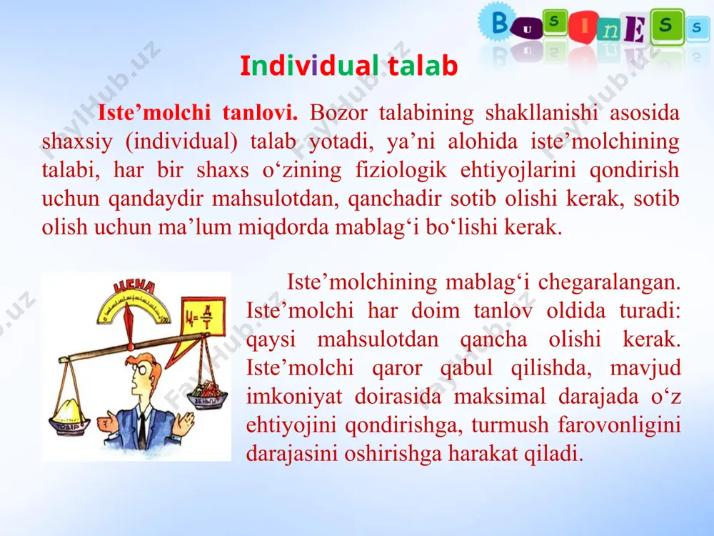 larning individual talablari chiziqlari to‘g‘ri chiziqlardan iborat bo‘lgani bilan bozor talab chizig‘i ham to‘g‘ri chiziqdan iborat bo‘lishi shart emas. nima uchun deganda, yuqori narxlarda ba’zi bir iste’molchilar tovarni sotib olmasligi ham mumkin yoki ular har xil miqdorda sotib olishi mumkin. yana shuni ta’kidlash lozimki, iste’molchilar talablariga ta’sir qiluvchi barcha omillar bozor talabiga ham ta’sir qiladi. masalan, iste’molchilar sonining oshib borishi bozor talab chizig‘ini o‘ngga, tepaga siljitadi yoki bo‘lmasa, iste’molchilar daromadlarini ortishi, ularning oziq-ovqatga bo‘lgan talabini oshiradi. bu o‘z navbatida bozor talab chizig‘ini o‘ngga-tepaga siljishiga olib keladi. bozor sharoitida daromad samarasi va almashtirish samarasini ajratilishi, tovarlarga narx belgilashdagi qonuniyatlarni yaxshiroq tushunishga yordam beradi. biz daromad va almashtirish samaralarini normal tovarlar uchun ko‘rib chiqdik. past kategoriyali tovarlar uchun daromad va almashtirish samaralari o‘z xususiyatlariga ega. adabiyotlar ro'yhati: e.egamberdiev. mikroiqtisodiyot. o‘quv qo‘llanma. t. 2005y. экoнoмическaя теoрия: учебник / и.к. стaнкoвскaя, и.a. стрелец.- 5-е изд., перерaб. и дoп.–м.:эксмo, 2010.- 480 стр.- (пoлный курс mba) …