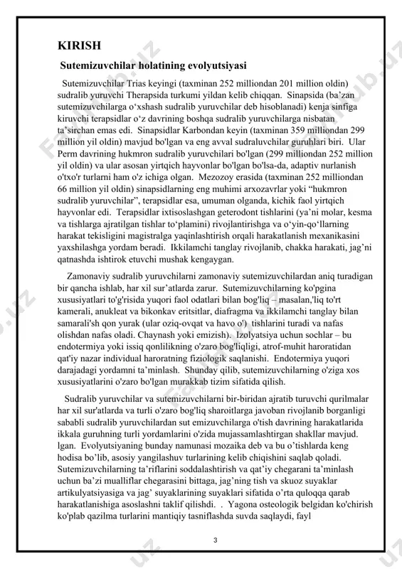 rga yordam bermaydi, endotermiya darajasi va bolalarni parvarish qilish darajasini va ichki organlarning holati, hech qachon mumkin, hech qachon. ammo shuni e’tirof etish kerakki, bugungi kunda ilg’or terapsidlar mavjud bo’lganida, taksonomlar qaysi biri reptiliyaga, qaysi biri sutemizuvchilarga ovqatlanishni hal qilishlari qiyin edi. i-bob.sutemizuvchilarning kelib chiqishini tasniflash sutemizning sinfining yuqori klassifikatsiyasi belgilarining keng doirasini sotib olish mumkin. an'anaga ko'ra, qiyosiy anatomiyaning kelib chiqishi eng muhim muammo ega edi, ammo yaqinda bunday fanlardan fiziologiya, sitologiya, tanadagi immunitet reaktsiyalarini o'rganish va genetika munosabatlarini ko'rib chiqishda foydali bo'ldi. tirik organizmlarni qiyosiy o'rganish paleontologiyaning topilmalari bilan to'ldiriladi. qazilma qoldiqlarini oʻrganish sutemizuvchilarning oʻzaro munosabatlari haqidagi bilimlarga tarixiy jihat qoʻshadi. ba'zi vaqtida, masalan, o'tlar - qazima qoldiqlari nasl-nasabni kuzatishga imkon beradi. boshqa yirik umurtqali hayvonlarga nisbatan sutemizuvchilarning yaxshi qazilma qoldiqlari. fosillanish juda ko'pga bog'liq bo'lib, ulardan eng muhimi organizmning tuzilishi, yashash muhiti va o'lim vaqtidagi zarur. sutemizuvchilarning eng keng tarqalgan qoldiqlari tishlari va ular bilan bog'langan jag' …